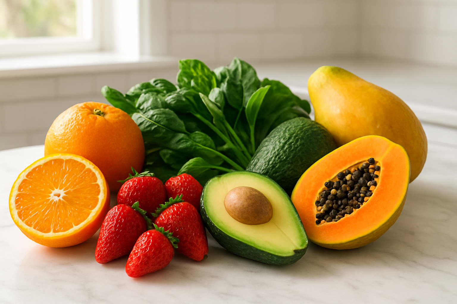 Create a realistic image of a beautiful arrangement of folate-rich fruits including fresh oranges, strawberries, avocados, papayas, and leafy green spinach displayed on a clean white marble countertop in a bright, naturally lit kitchen setting with soft sunlight streaming through a window, creating a fresh and healthy atmosphere that emphasizes nutrition and wellness, with some fruits cut in half to show their vibrant interior colors, absolutely NO text should be in the scene.