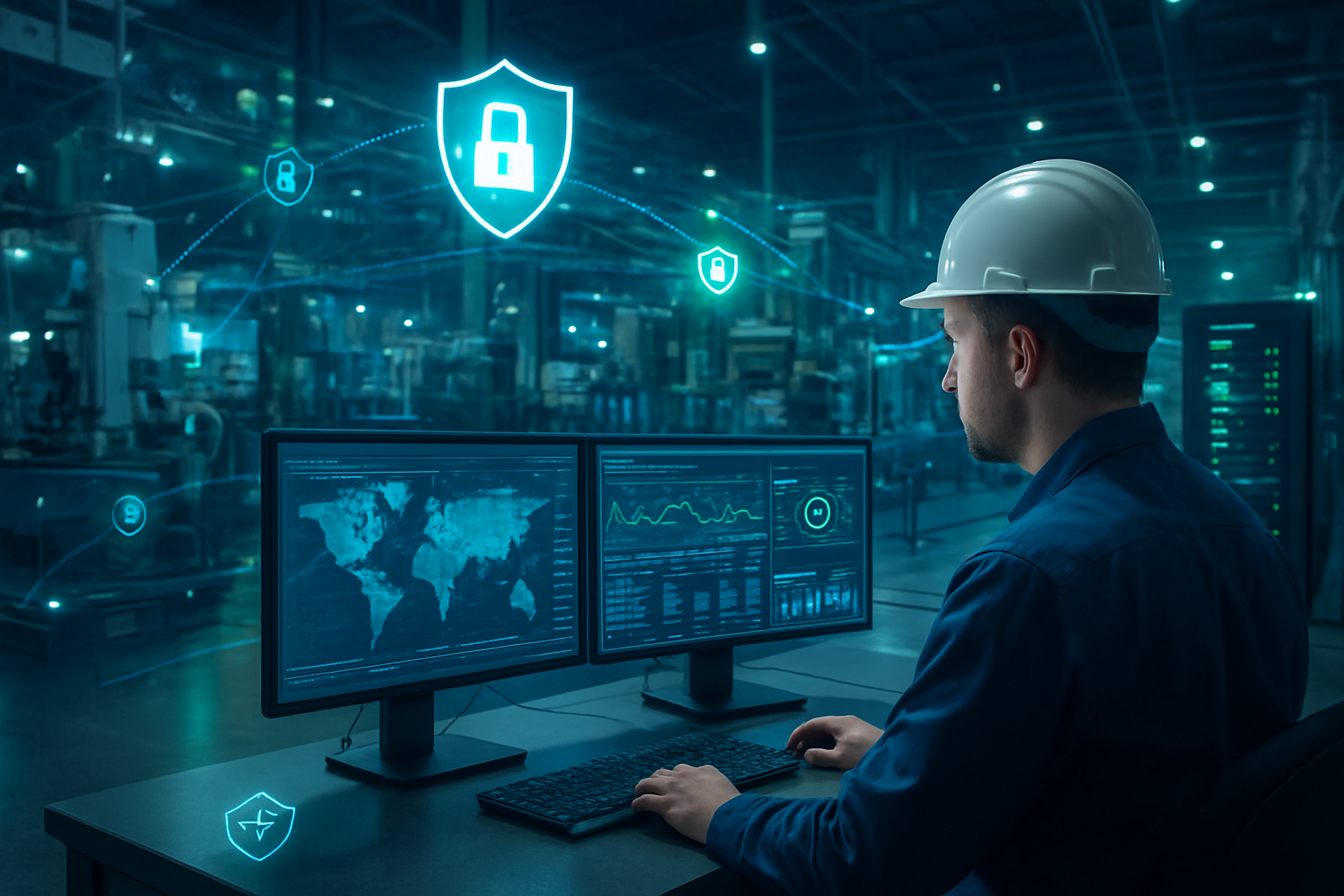 Create a realistic image of a modern industrial factory floor with large manufacturing equipment and machinery surrounded by digital security elements including glowing shield icons, padlock symbols, and network connection lines with encryption indicators, featuring servers and IoT sensors with visible security protocols, while a white male cybersecurity engineer in a hard hat monitors security dashboards on multiple screens showing network traffic and threat detection systems, with blue and green LED lights creating a high-tech atmosphere against the industrial backdrop, and absolutely NO text should be in the scene.