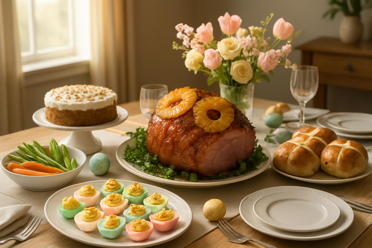 Create a realistic image of a beautifully set Easter dinner table featuring traditional Easter foods including glazed ham with pineapple, colorful deviled eggs, hot cross buns, carrot cake, and fresh spring vegetables, with pastel Easter decorations, fresh flowers in soft pink and yellow, elegant dinnerware, and warm natural lighting streaming through a window, creating a welcoming family dining atmosphere with soft shadows and a cozy home interior background, absolutely NO text should be in the scene.