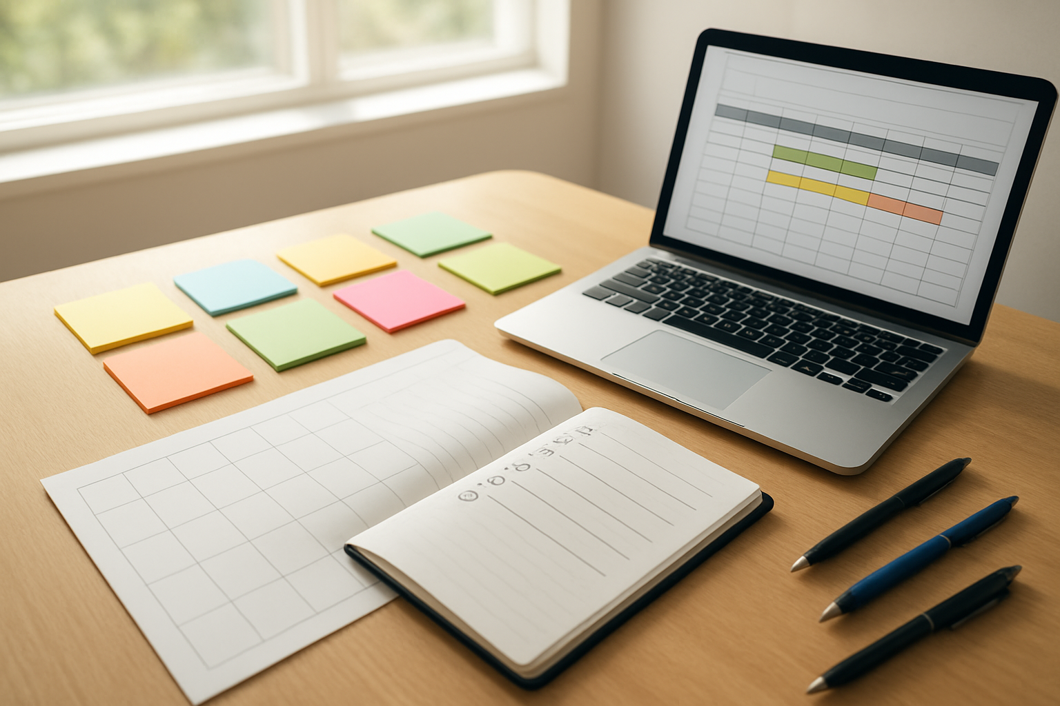 Create a realistic image of a clean, organized desk workspace with a monthly calendar, colorful sticky notes arranged in neat sections, a notebook with checkboxes and bullet points, a laptop displaying a goal-tracking spreadsheet, and a few pens scattered around, set against a bright, well-lit office environment with natural sunlight streaming through a window, creating a productive and focused atmosphere that conveys strategic planning and organization, absolutely NO text should be in the scene.