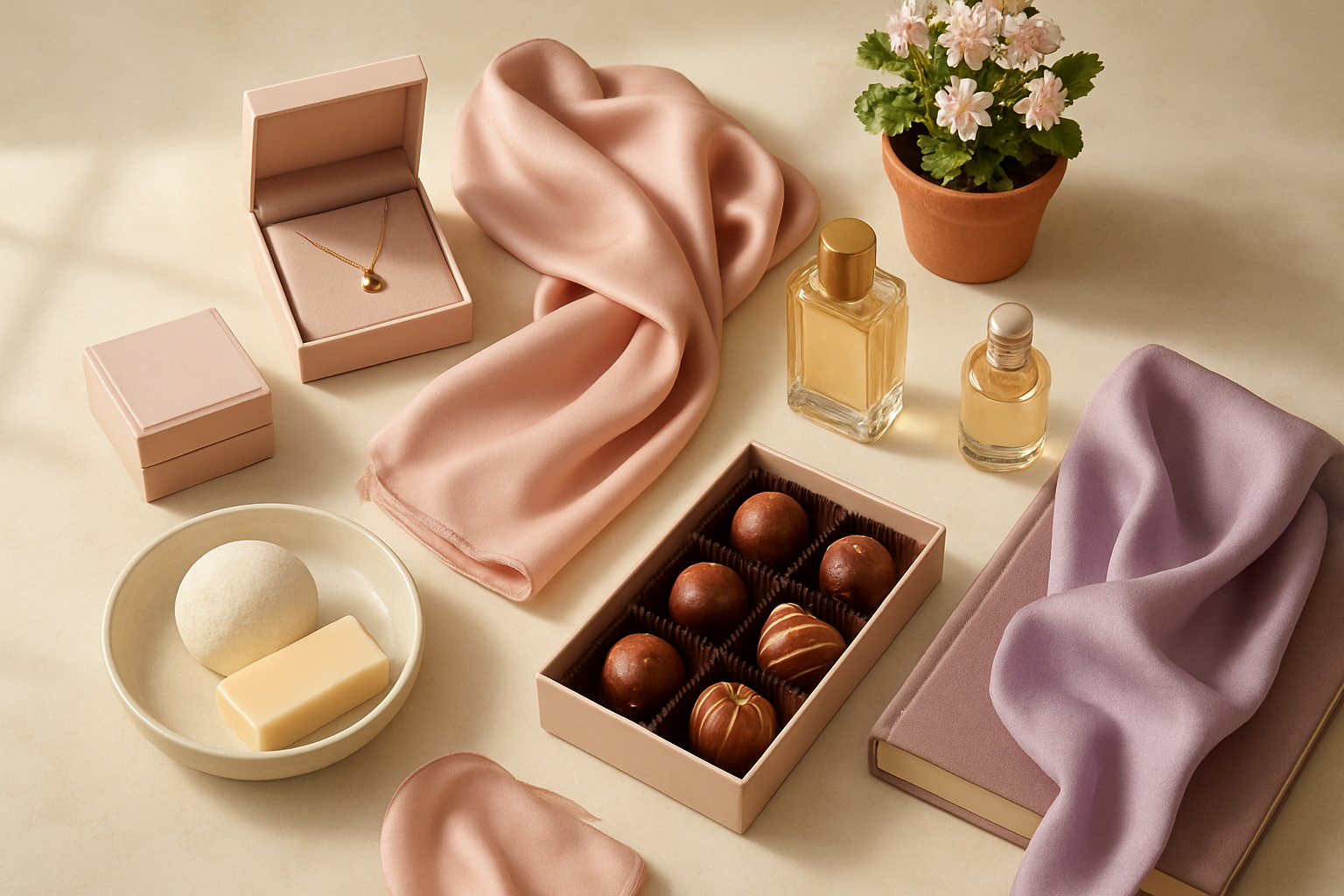 Create a realistic image of an elegant flat lay arrangement showcasing diverse thoughtful gifts for different women relationships including jewelry boxes, silk scarves, perfume bottles, potted flowers, books, spa items, and gourmet chocolates artfully arranged on a soft cream marble surface with natural window lighting creating gentle shadows, warm and inviting atmosphere with pastel color palette of blush pink, lavender, and gold accents, absolutely NO text should be in the scene.
