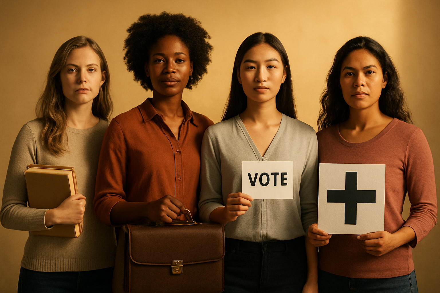 Create a realistic image of diverse women of different races including white, black, Asian, and Latina females standing together in unity, each holding symbolic objects representing core purposes like education books, workplace briefcases, voting ballots, and healthcare symbols, set against a warm golden background with soft natural lighting that conveys empowerment and solidarity, with gentle shadows and a peaceful atmosphere that emphasizes the foundational reasons for celebrating women's achievements and ongoing struggles for equality, absolutely NO text should be in the scene.