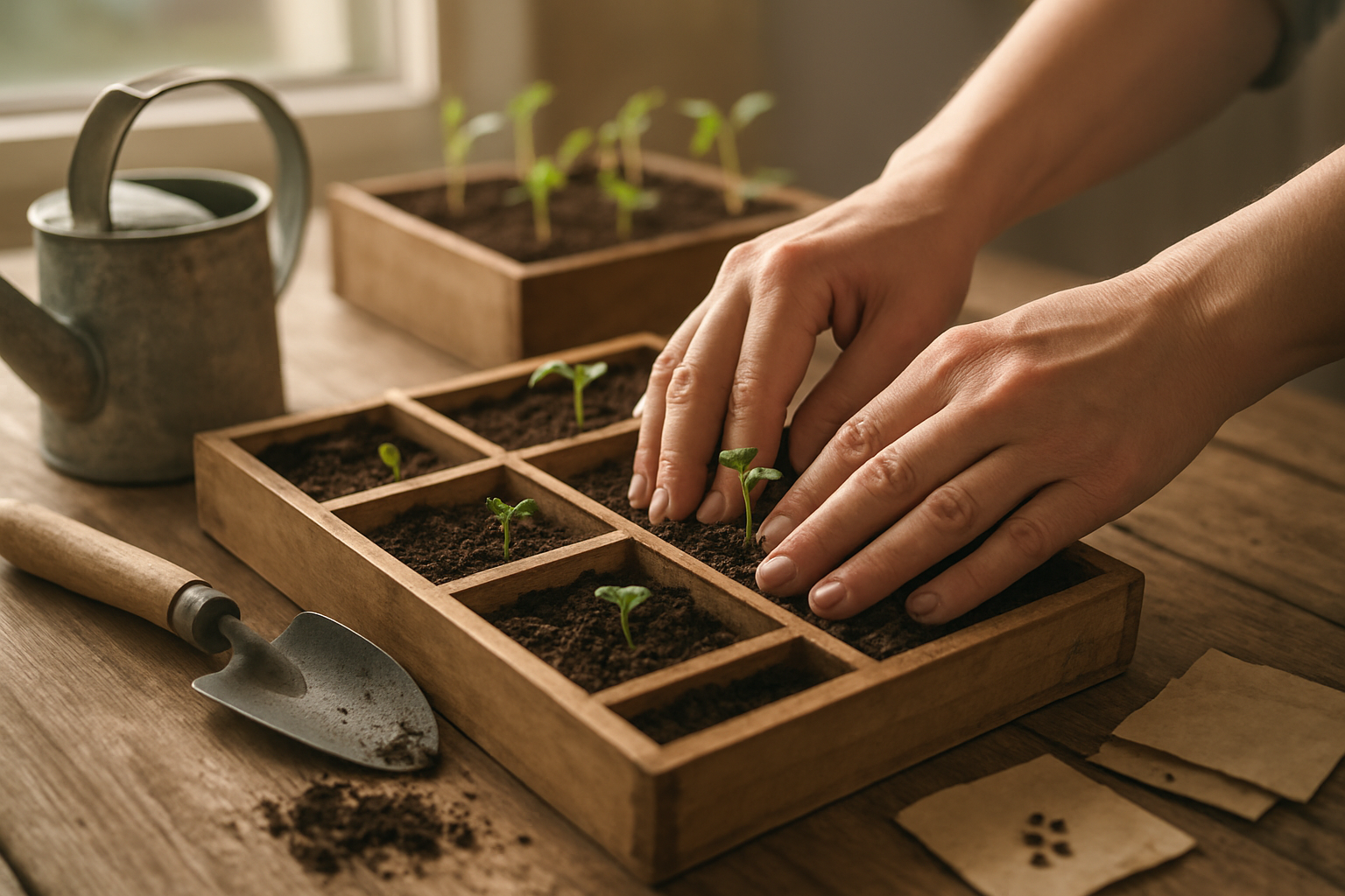 Create a realistic image of hands gently planting small seedlings in wooden seed trays filled with dark soil, surrounded by basic gardening tools including a small hand trowel and watering can, with packets of seeds scattered nearby on a wooden table, soft natural lighting from a window creating a warm and hopeful gardening atmosphere, close-up view focusing on the planting process with green seedlings at various growth stages visible in the background trays, absolutely NO text should be in the scene.