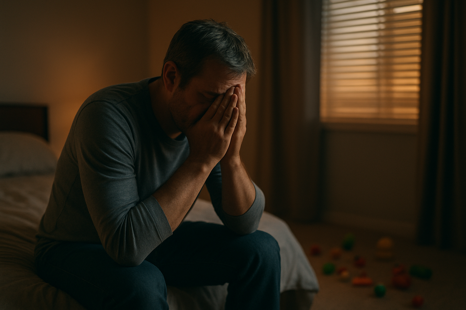 Create a realistic image of a middle-aged white male father sitting alone on the edge of a bed in a dimly lit bedroom, head in his hands in a contemplative pose, with soft evening light filtering through partially closed blinds, scattered children's toys visible in the background on the floor, creating a melancholic yet introspective atmosphere that conveys the weight of ongoing parental responsibilities and emotional struggles, absolutely NO text should be in the scene.