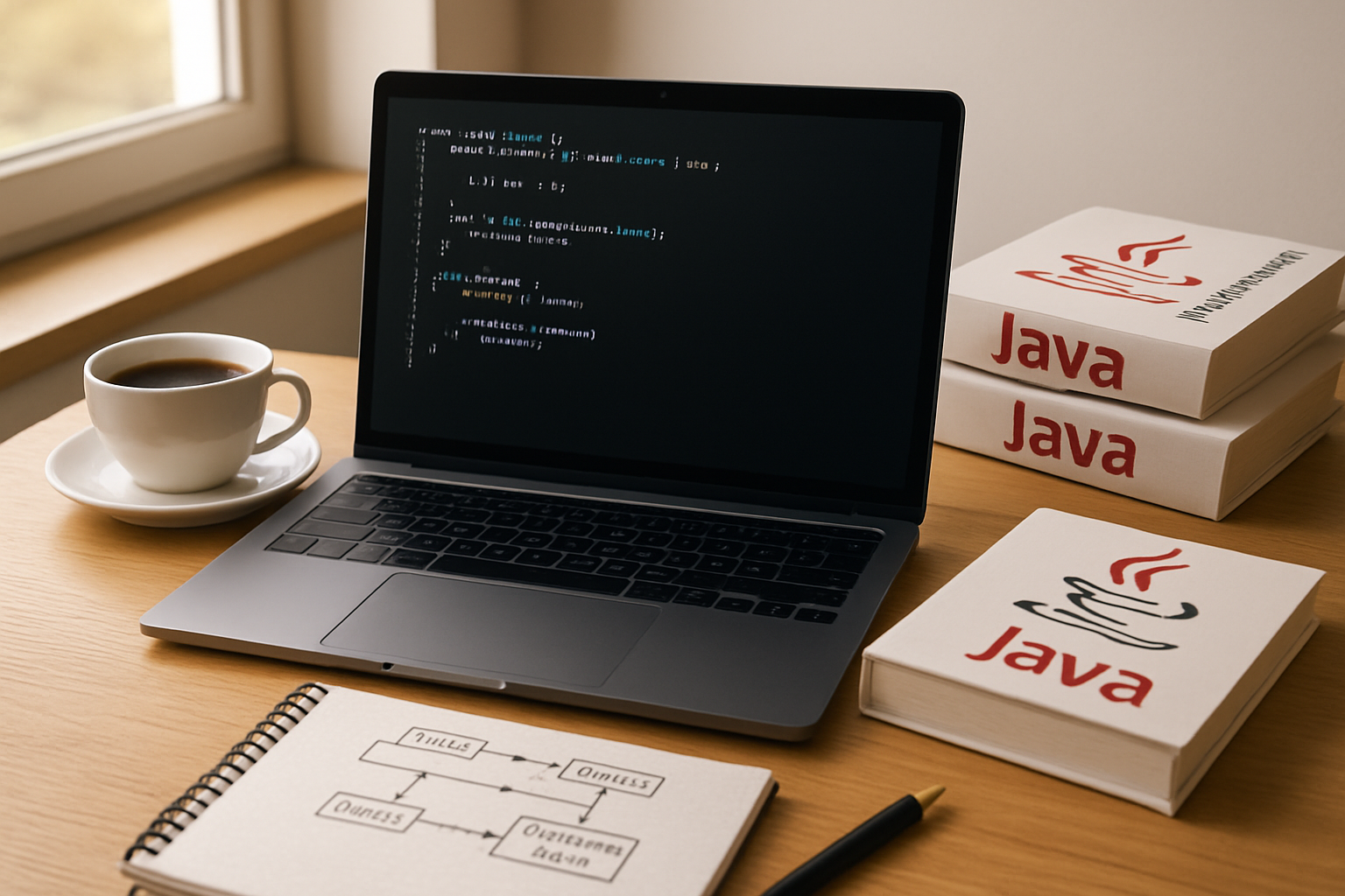 Create a realistic image of a modern workspace showing Java programming fundamentals with a laptop displaying clean Java code on the screen, coffee cup nearby, scattered programming books with Java logos visible on covers, a notepad with hand-drawn diagrams of object-oriented concepts like classes and inheritance, warm natural lighting from a window, professional and focused atmosphere suggesting learning and development, clean desk setup with minimal distractions. Absolutely NO text should be in the scene.