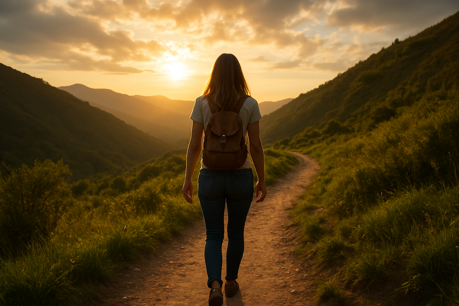 Create a realistic image of a young white woman standing on a sunlit mountain path, her back turned to the camera as she walks forward with confident steps, carrying a small backpack symbolizing her journey of self-discovery, with warm golden sunrise light breaking through scattered clouds in the background, surrounded by lush green hills and a winding path ahead that disappears into a hopeful horizon, conveying a sense of freedom, renewal, and moving forward after overcoming difficult times, with soft natural lighting creating a peaceful and empowering atmosphere. Absolutely NO text should be in the scene.