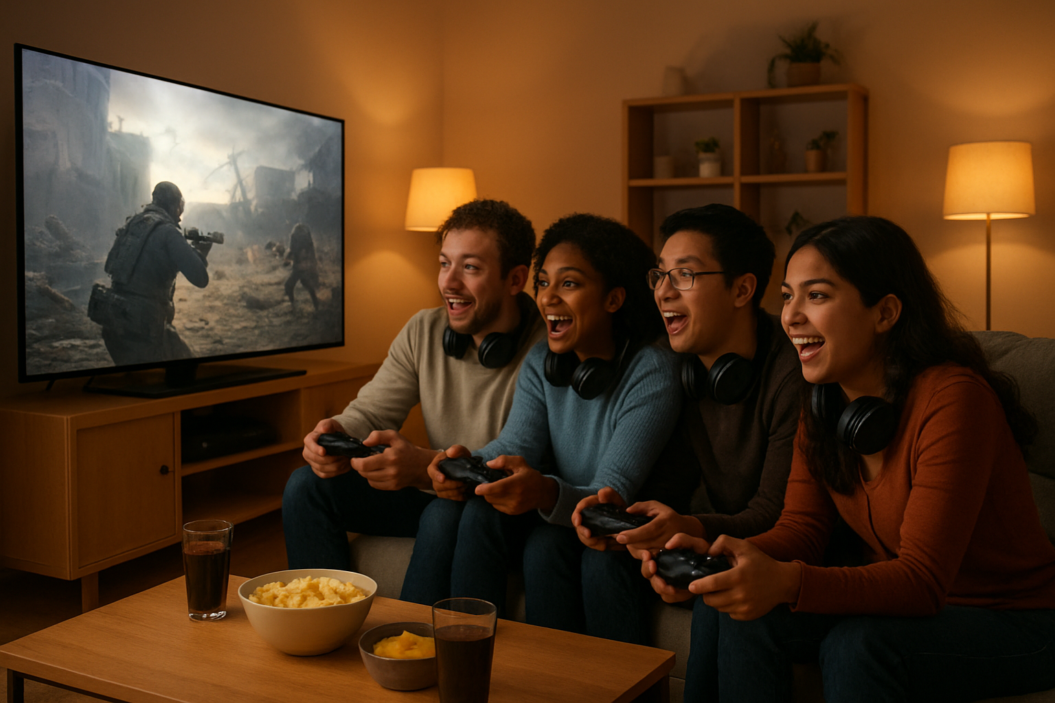 Create a realistic image of diverse group of four gamers including white male, black female, Asian male, and Hispanic female sitting together on a couch in a modern living room, holding gaming controllers while playing cooperative video games on a large TV screen showing intense action survival gameplay with weapons and post-apocalyptic environments, warm ambient lighting from table lamps creating cozy atmosphere, gaming headsets around their necks, excited expressions on faces, snacks and drinks on coffee table, contemporary furniture and decor in background, evening setting with soft warm glow, absolutely NO text should be in the scene.