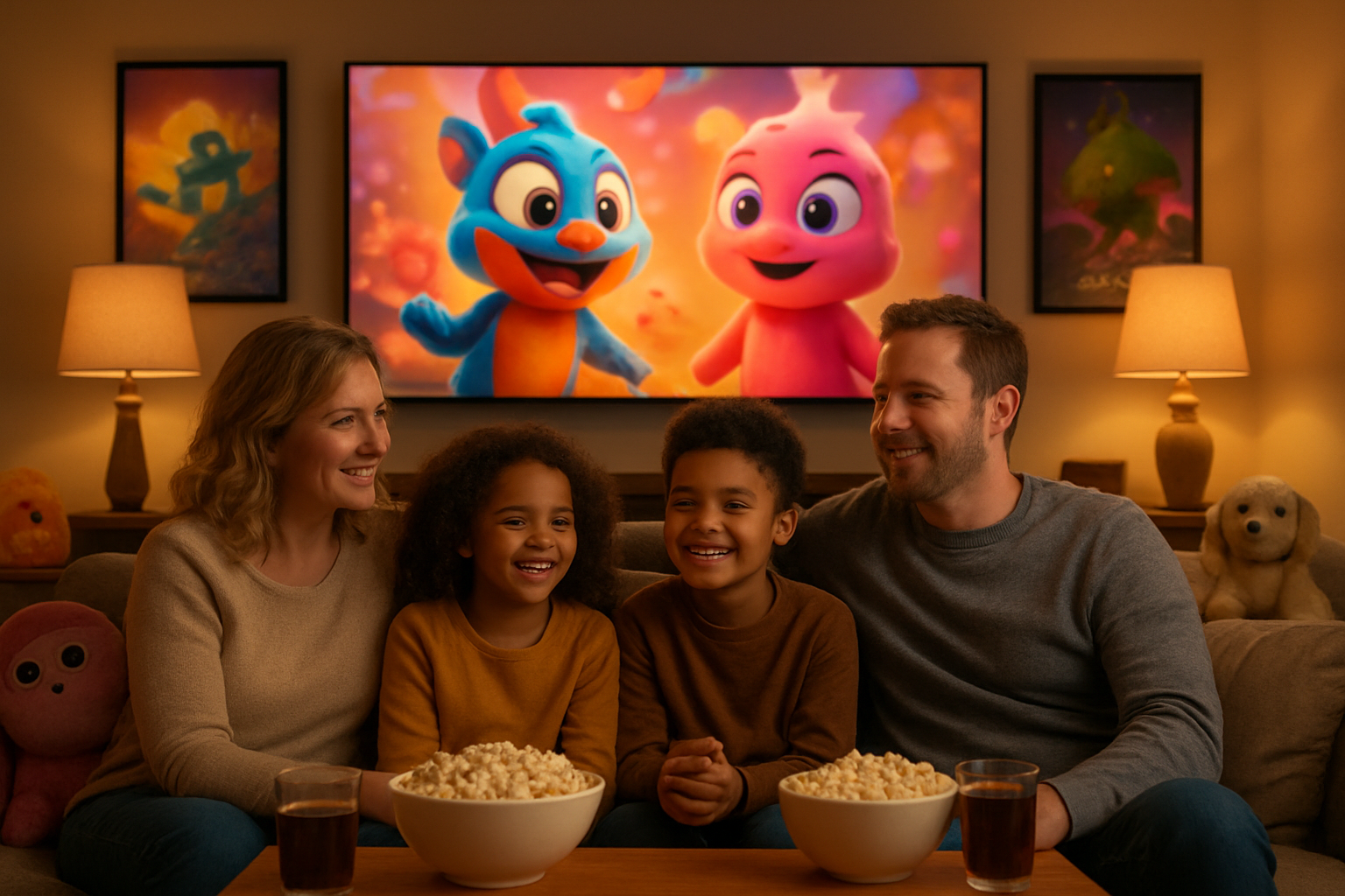 Create a realistic image of a diverse family consisting of white parents and mixed-race children sitting together on a comfortable living room couch, watching animated movies on a large screen TV, with colorful animated characters visible on the screen, popcorn bowls and drinks on a coffee table, warm ambient lighting from table lamps creating a cozy evening atmosphere, movie posters of upcoming 2026 animated blockbusters decorating the walls in the background, and plush animated character toys scattered around the room, absolutely NO text should be in the scene.