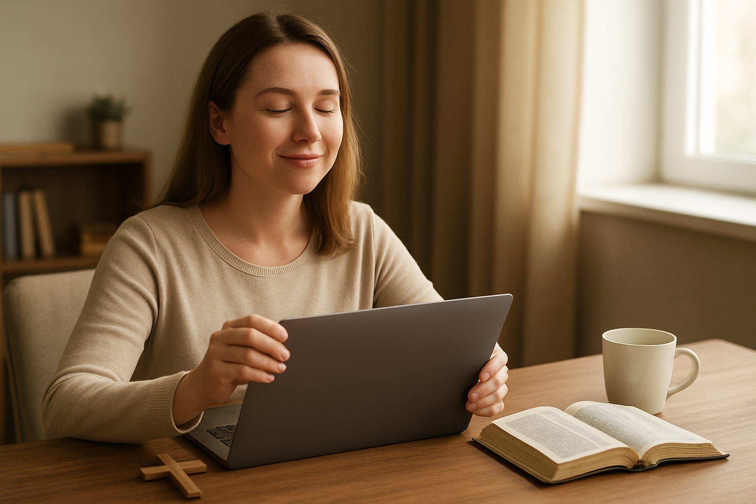 Create a realistic image of a peaceful white Christian woman in her 30s sitting at a wooden desk in a cozy home office, gently closing a laptop computer with a satisfied and content expression, with a small wooden cross, an open Bible, and a cup of coffee nearby on the desk, soft natural light streaming through a window in the background creating a warm and serene atmosphere that conveys completion and spiritual reflection, absolutely NO text should be in the scene.