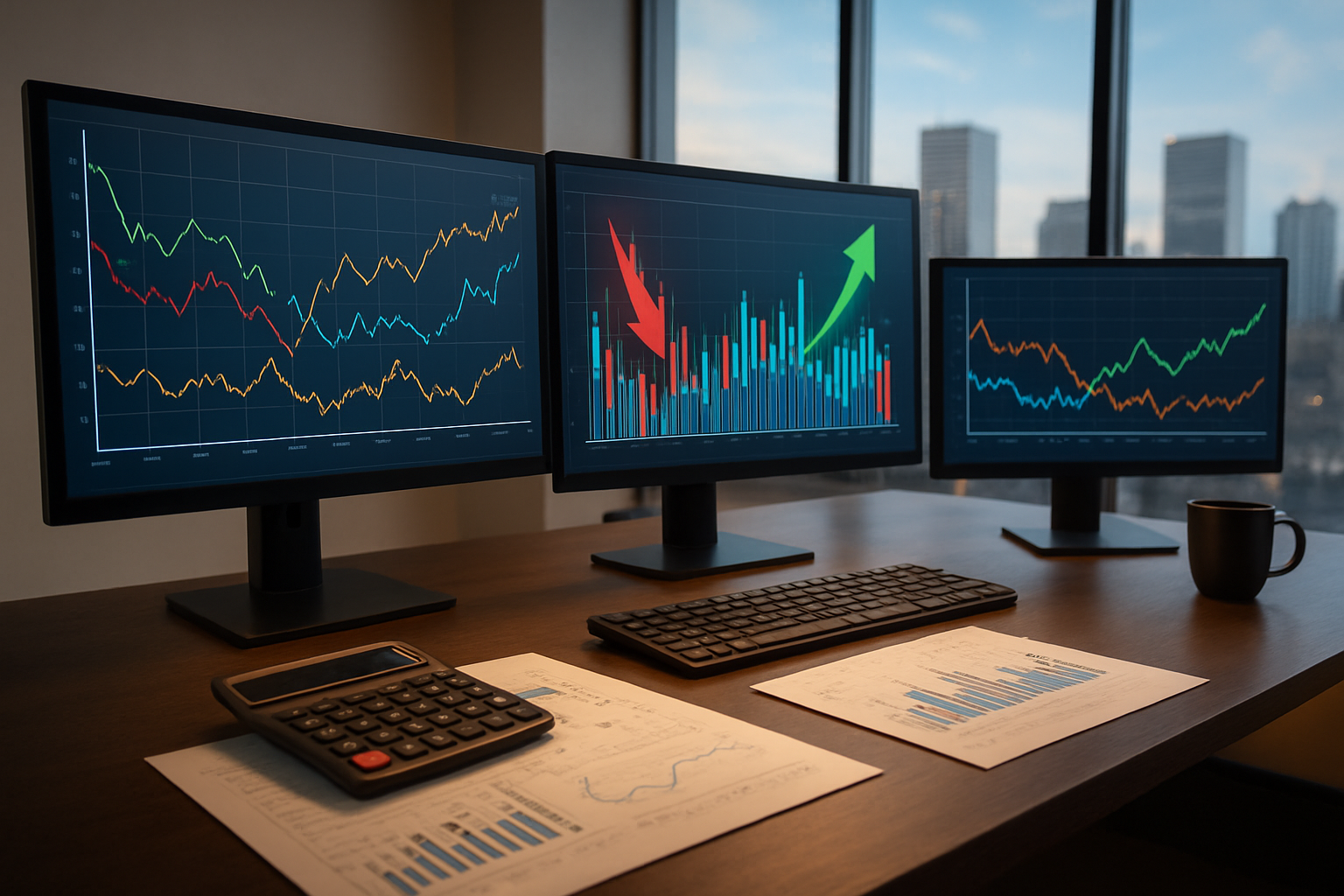 Create a realistic image of a modern financial analytics workspace showing multiple computer monitors displaying colorful line graphs and charts with upward and downward trending arrows representing interest rate fluctuations, a sleek desk with a calculator and financial documents spread out, warm LED lighting illuminating the scene, and a clean office environment with a city skyline visible through large windows in the background, conveying a professional atmosphere of financial market analysis and economic forecasting, absolutely NO text should be in the scene.