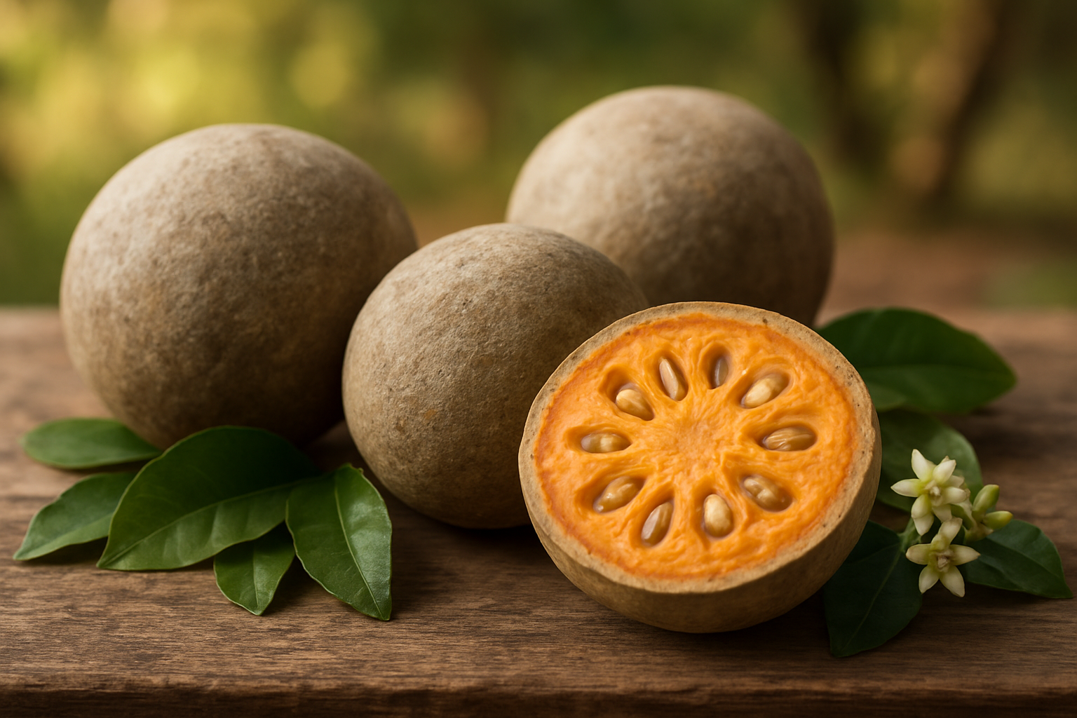 Create a realistic image of fresh bael fruits (wood apples) displayed on a rustic wooden surface, showing both whole fruits with their characteristic hard, grayish-brown shell and one fruit cut open to reveal the aromatic orange-yellow pulp inside with seeds, surrounded by green bael leaves and small white bael flowers, with soft natural lighting creating gentle shadows, warm earthy tones throughout the composition, and a blurred natural background suggesting an orchard or garden setting, absolutely NO text should be in the scene.