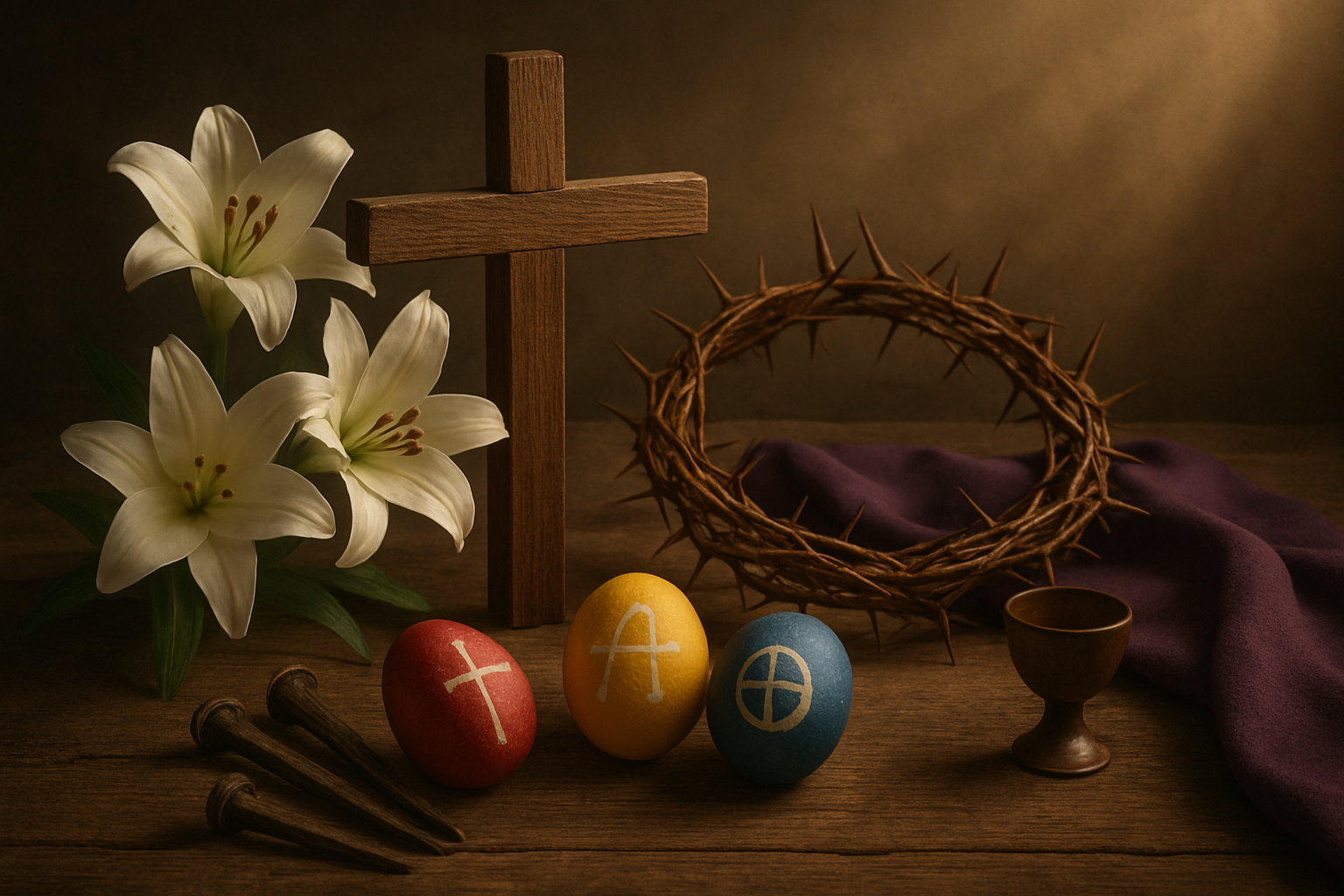 Create a realistic image of traditional religious Easter symbols arranged on a rustic wooden surface, featuring a wooden cross as the central element, surrounded by white Easter lilies, a crown of thorns, three nails, a purple cloth draped nearby, painted Easter eggs with Christian symbols, and a small chalice, all illuminated by soft natural lighting streaming from above, creating a reverent and sacred atmosphere with warm golden tones, absolutely NO text should be in the scene.