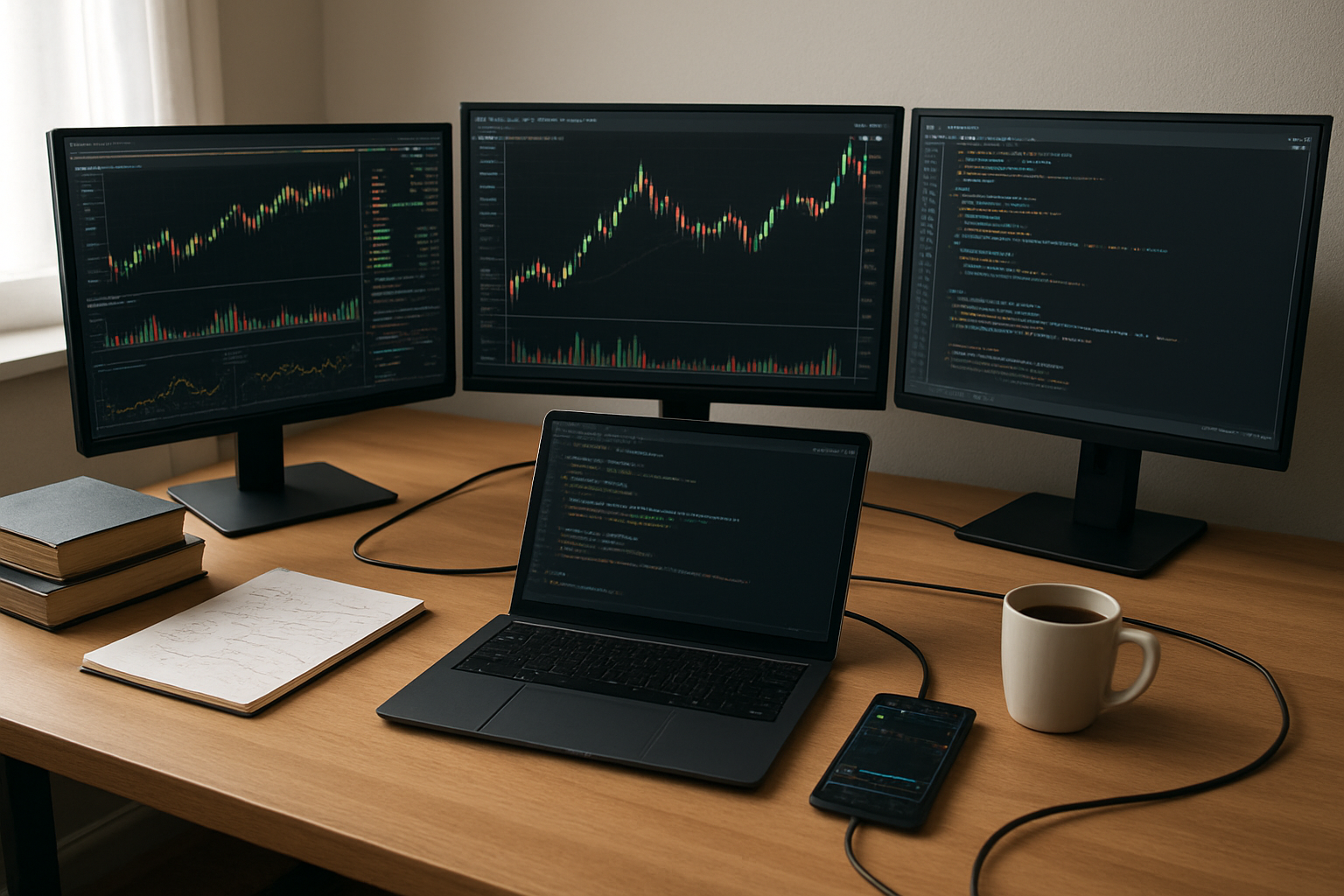 Create a realistic image of a modern computer workstation setup with multiple monitors displaying financial charts, trading platforms, and code development environments, a sleek black laptop open with programming code visible on screen, a smartphone showing market data, scattered technical books about trading and programming, a notepad with handwritten notes and diagrams, a coffee mug, and various cables connecting the devices, all arranged on a clean wooden desk in a well-lit home office with soft natural lighting from a window, creating a professional and focused atmosphere for algorithmic trading development. Absolutely NO text should be in the scene.