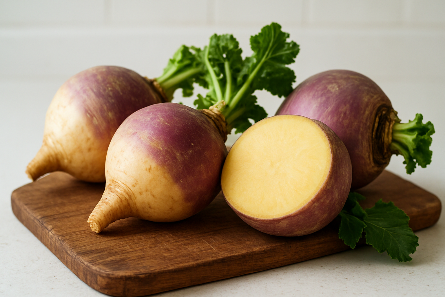 Create a realistic image of fresh rutabaga vegetables displayed on a rustic wooden cutting board, showing both whole rutabagas with their characteristic purple and cream-colored skin and one cut in half to reveal the pale yellow-orange flesh inside, surrounded by a few green leafy tops, set against a clean white kitchen counter background with soft natural lighting from above, creating a warm and inviting culinary atmosphere that emphasizes the natural textures and colors of this root vegetable, absolutely NO text should be in the scene.