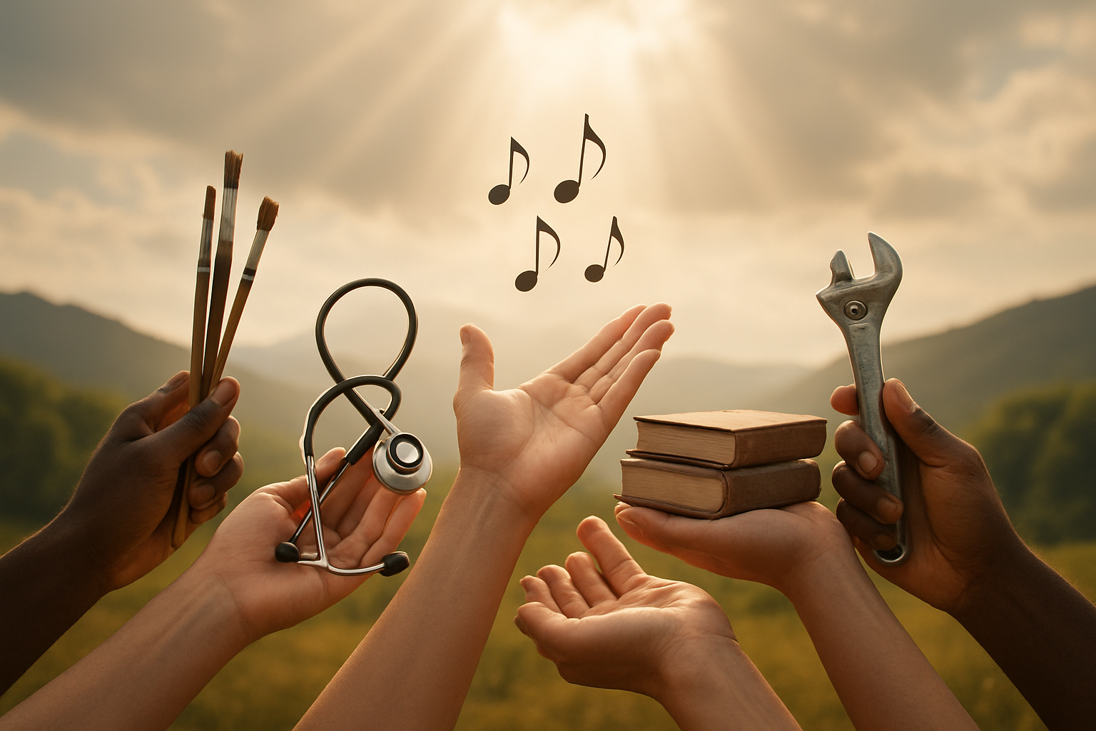 Create a realistic image of diverse hands of different skin tones gently cupping and presenting various symbolic objects representing natural gifts including paintbrushes, a stethoscope, musical notes floating in the air, books, and tools, with warm golden sunlight streaming down from above creating soft rays of light, set against a peaceful outdoor background with rolling hills and a partly cloudy sky, conveying a sense of divine blessing and purposeful offering, absolutely NO text should be in the scene.