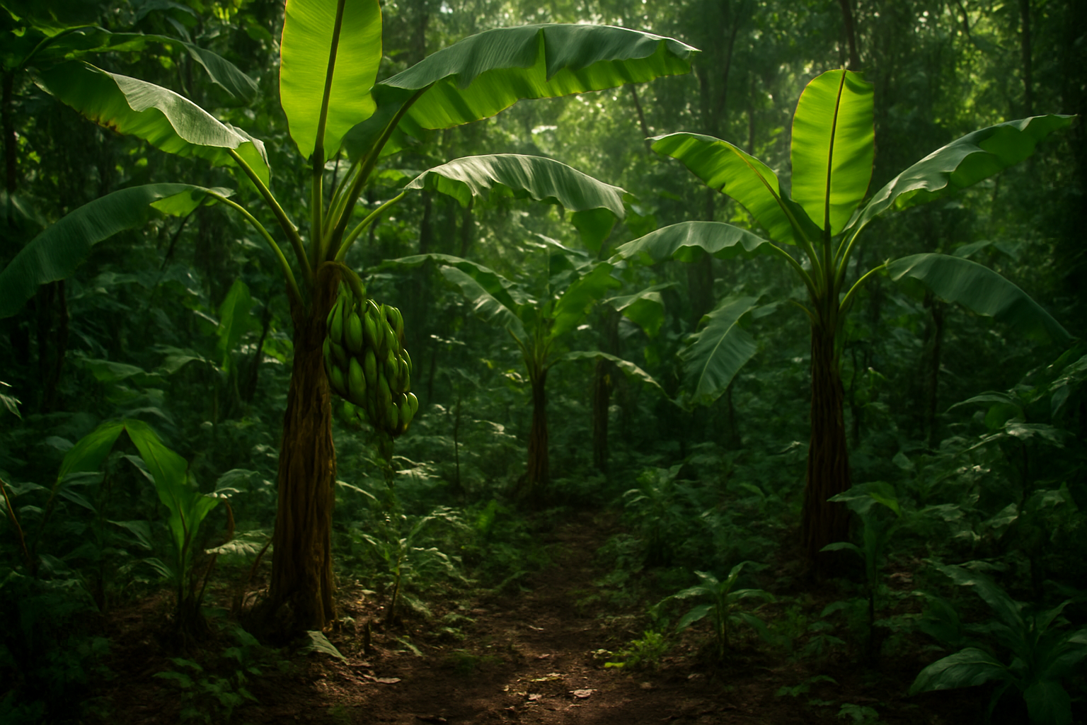 Create a realistic image of wild banana plants growing in their natural tropical forest habitat, showing several banana trees with thick green leaves and small, seed-filled wild bananas hanging in bunches, surrounded by dense jungle vegetation, filtered sunlight streaming through the forest canopy creating dappled lighting on the forest floor, with rich soil and tropical undergrowth visible, emphasizing the contrast between wild bananas and cultivated varieties by showing the smaller, more natural appearance of the fruits, absolutely NO text should be in the scene.
