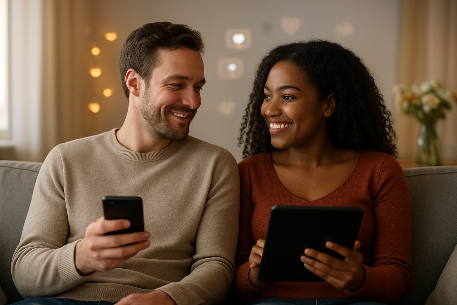 Create a realistic image of a balanced composition showing the duality of digital love, featuring a white male and black female couple sitting together on a modern couch, with the man holding a smartphone while the woman looks at a tablet, both smiling warmly at each other rather than their devices, surrounded by soft ambient lighting from a nearby window, with subtle elements like heart-shaped fairy lights and fresh flowers in the background representing genuine connection, while digital elements like floating notification icons and social media symbols fade softly in the blurred background, creating a harmonious blend of technology and authentic human emotion in a cozy living room setting, absolutely NO text should be in the scene.
