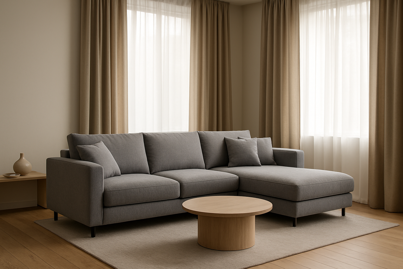 Create a realistic image of a modern, stylish living room featuring a contemporary gray sectional sofa with clean lines and plush cushions, paired with elegant floor-to-ceiling curtains in neutral tones that complement the furniture, with soft natural lighting streaming through the windows creating a warm and inviting atmosphere, showcasing a perfectly coordinated interior design with minimalist decor elements, hardwood flooring, and a tasteful color palette that demonstrates the harmonious integration of modern furniture and beautiful window treatments, absolutely NO text should be in the scene.