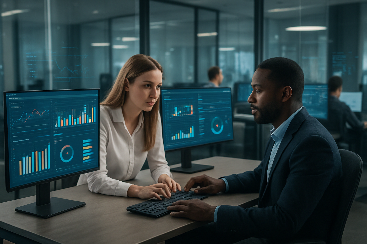 Create a realistic image of a modern corporate office setting with multiple computer monitors displaying colorful data analytics dashboards, risk assessment charts, and compliance metrics graphs, featuring a diverse group of professionals including a white female analyst and a black male compliance officer working collaboratively at workstations with AI-powered software interfaces visible on screens, surrounded by sleek office furniture, glass partitions, and contemporary lighting that creates a professional and technologically advanced atmosphere, with digital elements like floating data visualizations and monitoring alerts subtly integrated into the scene, Absolutely NO text should be in the scene.