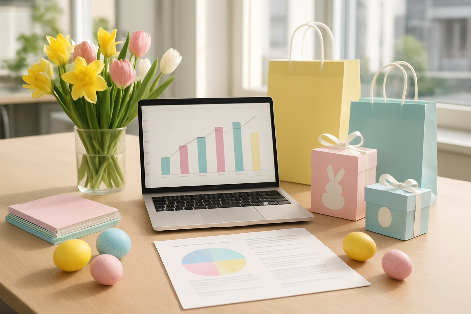 Create a realistic image of a modern marketing office desk with Easter-themed promotional materials spread across it, including colorful Easter eggs, spring flowers like tulips and daffodils, product catalogs with pastel covers, a laptop displaying sales charts, marketing strategy documents, branded Easter gift boxes, and shopping bags in soft spring colors, set against a bright office background with natural sunlight streaming through windows, creating a professional yet festive atmosphere that conveys seasonal business planning and sales preparation, absolutely NO text should be in the scene.