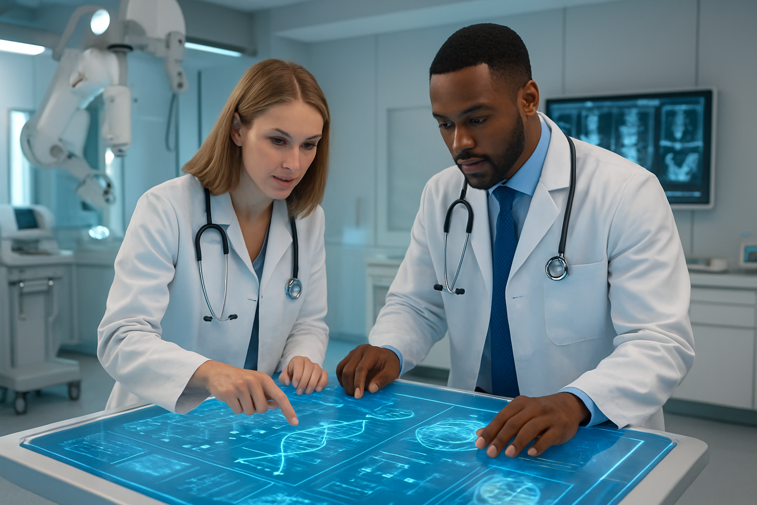 Create a realistic image of a diverse healthcare team including a white female doctor and a black male physician collaborating around a futuristic digital workstation displaying holographic medical data, AI-generated molecular structures, and advanced diagnostic imagery, with modern medical equipment and robotic surgical tools visible in the background, set in a bright, clean, high-tech medical facility with soft blue and white lighting that conveys innovation and professional excellence, absolutely NO text should be in the scene.