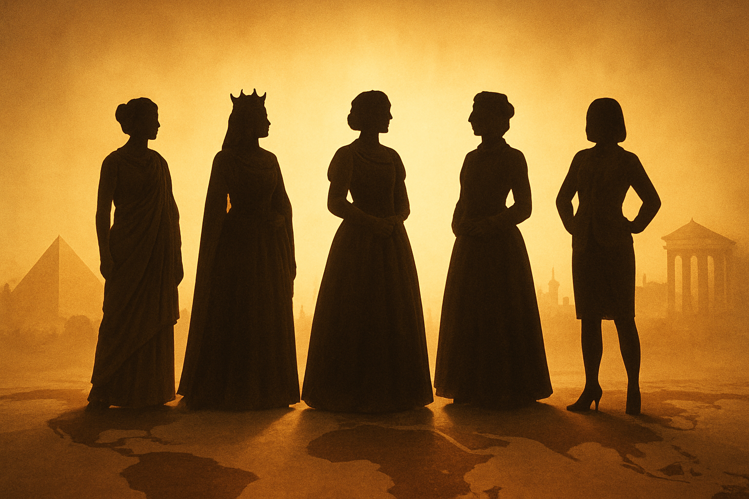 Create a realistic image of a diverse group of silhouettes representing women from different historical eras standing together on a world map backdrop, including silhouettes of women in ancient Greek togas, medieval royal gowns with crowns, Renaissance dress, Victorian-era clothing, and modern business attire, with soft golden lighting emanating from behind them creating an inspirational and empowering atmosphere, set against a subtle background showing faded historical landmarks like pyramids, castles, and classical architecture, with warm amber and gold tones throughout the scene to convey legacy and achievement, absolutely NO text should be in the scene.