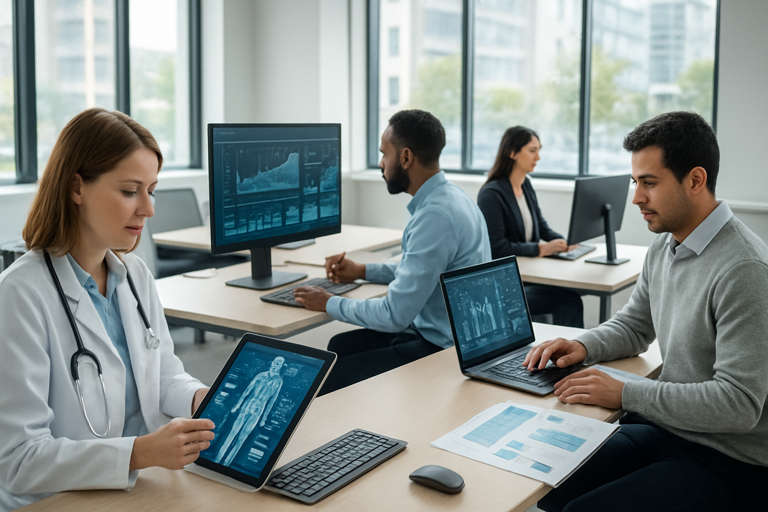 Create a realistic image of a diverse professional workspace showing AI-powered technology being used across multiple industries, featuring a modern office environment with multiple workstations where a white female doctor is analyzing medical data on a tablet, a black male engineer is reviewing architectural blueprints on a large monitor, an Asian female financial analyst is working with data visualizations on dual screens, and a Hispanic male researcher is examining scientific charts on a laptop, with sleek computers, tablets, and digital displays throughout the scene, bright natural lighting from large windows, clean modern furniture, and a collaborative atmosphere that conveys innovation and technological advancement across professional fields, absolutely NO text should be in the scene.