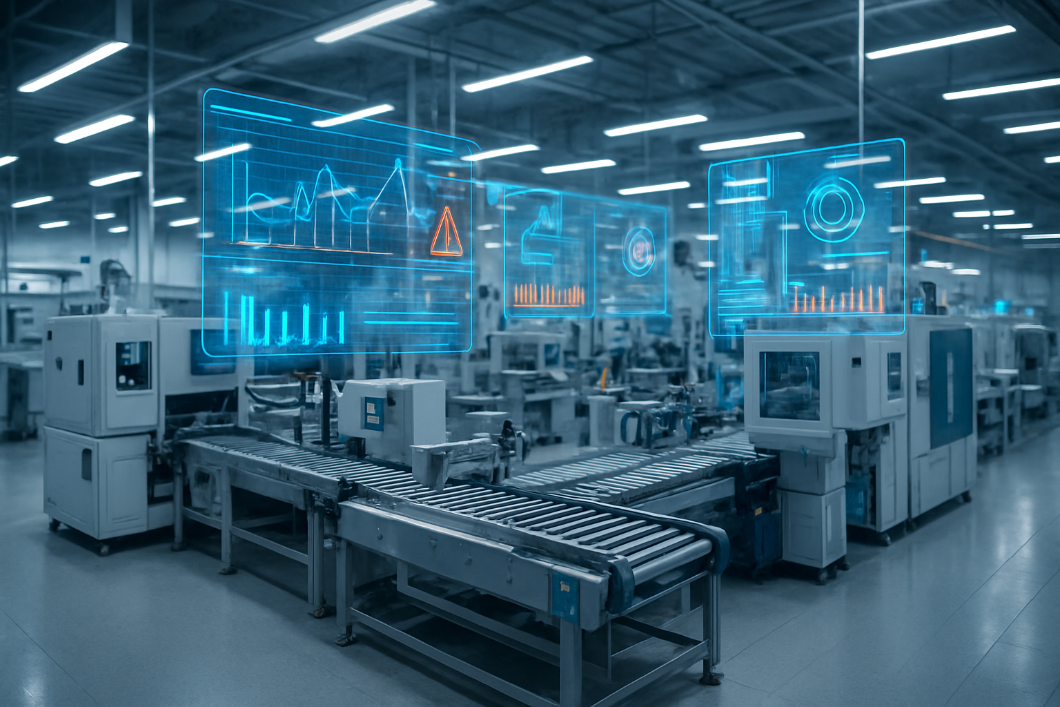 Create a realistic image of a modern manufacturing facility with advanced machinery and conveyor belts, featuring holographic data displays and digital screens showing predictive analytics charts, graphs, and warning indicators floating above industrial equipment, with blue and orange data visualization elements highlighting potential maintenance issues, set in a clean high-tech factory environment with bright LED lighting and a futuristic atmosphere that emphasizes proactive problem detection and smart manufacturing technology. Absolutely NO text should be in the scene.
