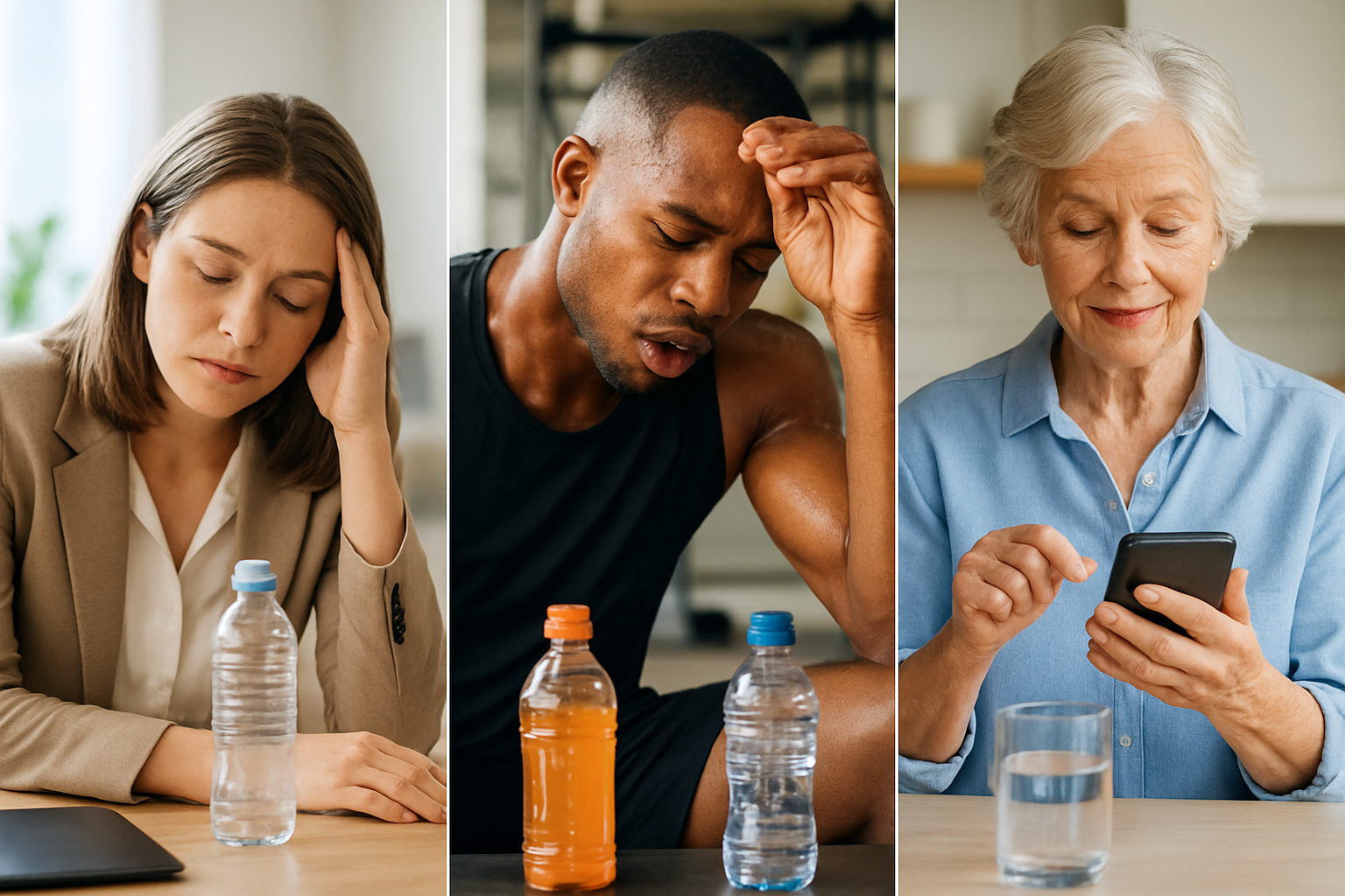 Create a realistic image of a diverse group showing common hydration challenges: a white female office worker looking tired at her desk with an empty water bottle, a black male athlete wiping sweat during exercise with a sports drink nearby, and an elderly white woman in a kitchen setting a phone reminder to drink water, with various water containers, glasses at different fill levels, and subtle visual cues suggesting dehydration like dry lips or fatigue, in a bright, encouraging indoor environment with natural lighting, absolutely NO text should be in the scene.