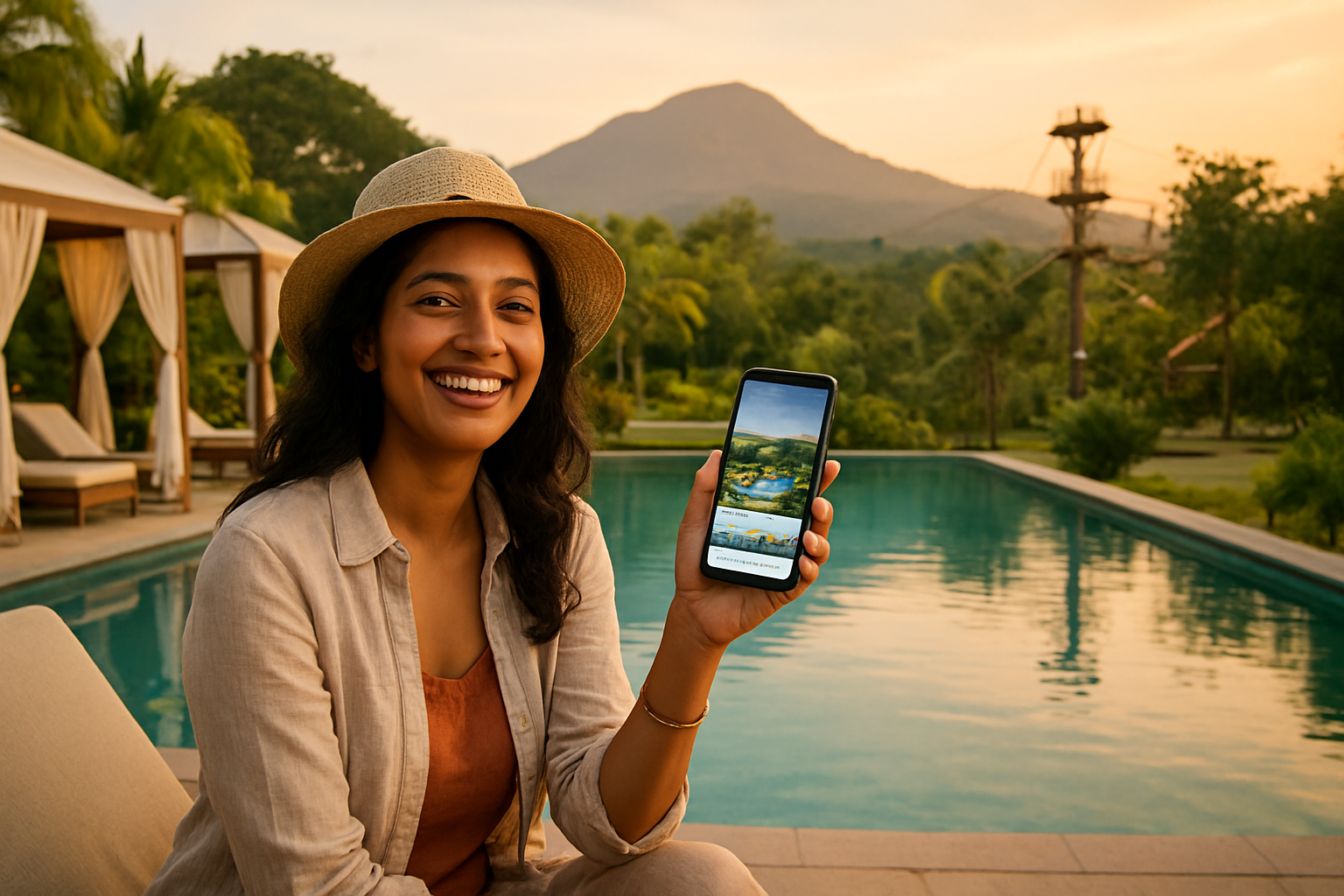 realistic image of a happy South Asian female traveler relaxing at a luxurious resort pool area with elegant cabanas and lush greenery in the background, holding a smartphone displaying a travel deals app, with a scenic view of Della Resort's stunning landscape including adventure amenities in the soft golden hour lighting, evoking a sense of joy, satisfaction, and smart savings on a premium vacation experience. Absolutely NO text should be in the scene.