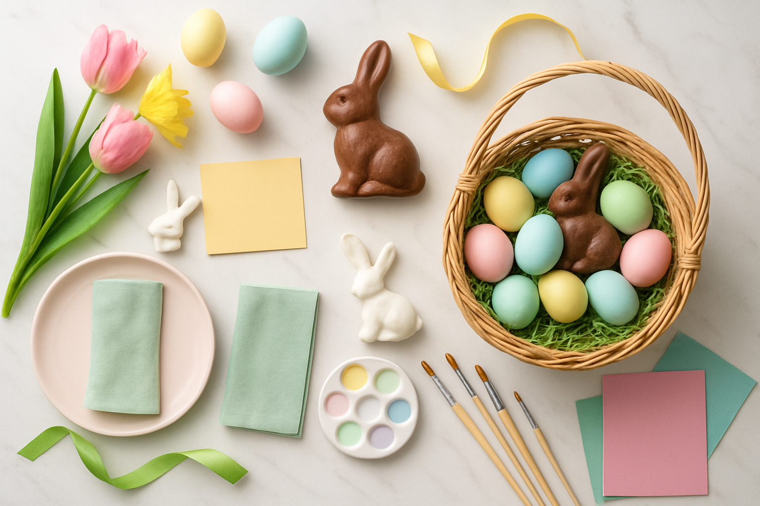 Create a realistic image of a beautifully organized flat lay arrangement on a white marble surface featuring essential Easter shopping items including pastel-colored Easter eggs, chocolate bunnies, colorful ribbons, fresh spring flowers like tulips and daffodils, decorative bunny figurines, craft supplies like paintbrushes and colored paper, elegant table setting elements with pastel plates and napkins, and a wicker Easter basket filled with treats, all arranged in an aesthetically pleasing composition with soft natural lighting from above creating gentle shadows, conveying a sense of completion and satisfaction with Easter preparations, absolutely NO text should be in the scene.