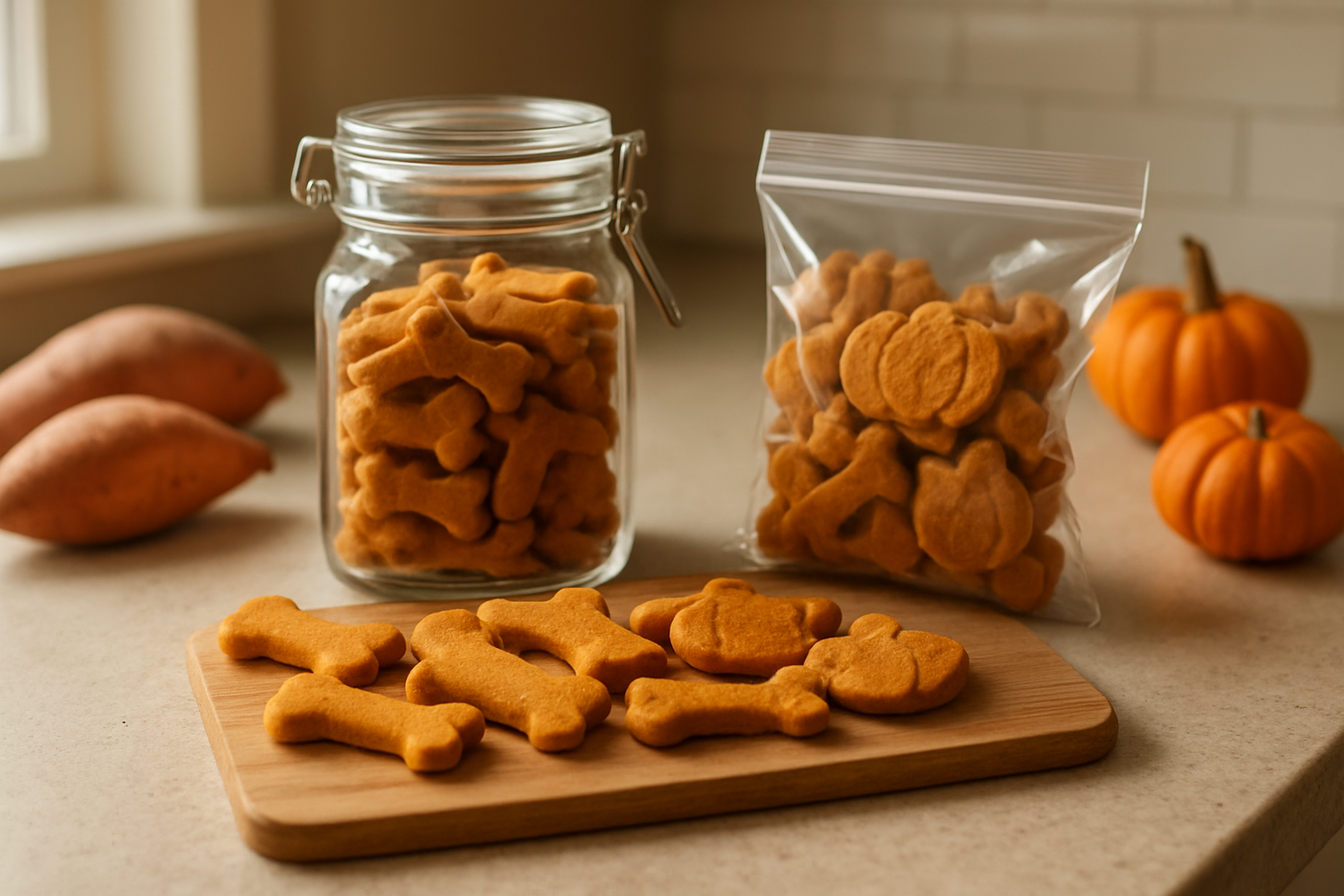 Create a realistic image of homemade sweet potato pumpkin dog treats stored in clear glass airtight containers and sealed plastic bags on a clean kitchen counter, with some treats displayed on a wooden cutting board nearby, featuring warm natural lighting from a window, cozy kitchen atmosphere with soft shadows, and a few whole sweet potatoes and small pumpkins as decorative elements in the background, absolutely NO text should be in the scene.