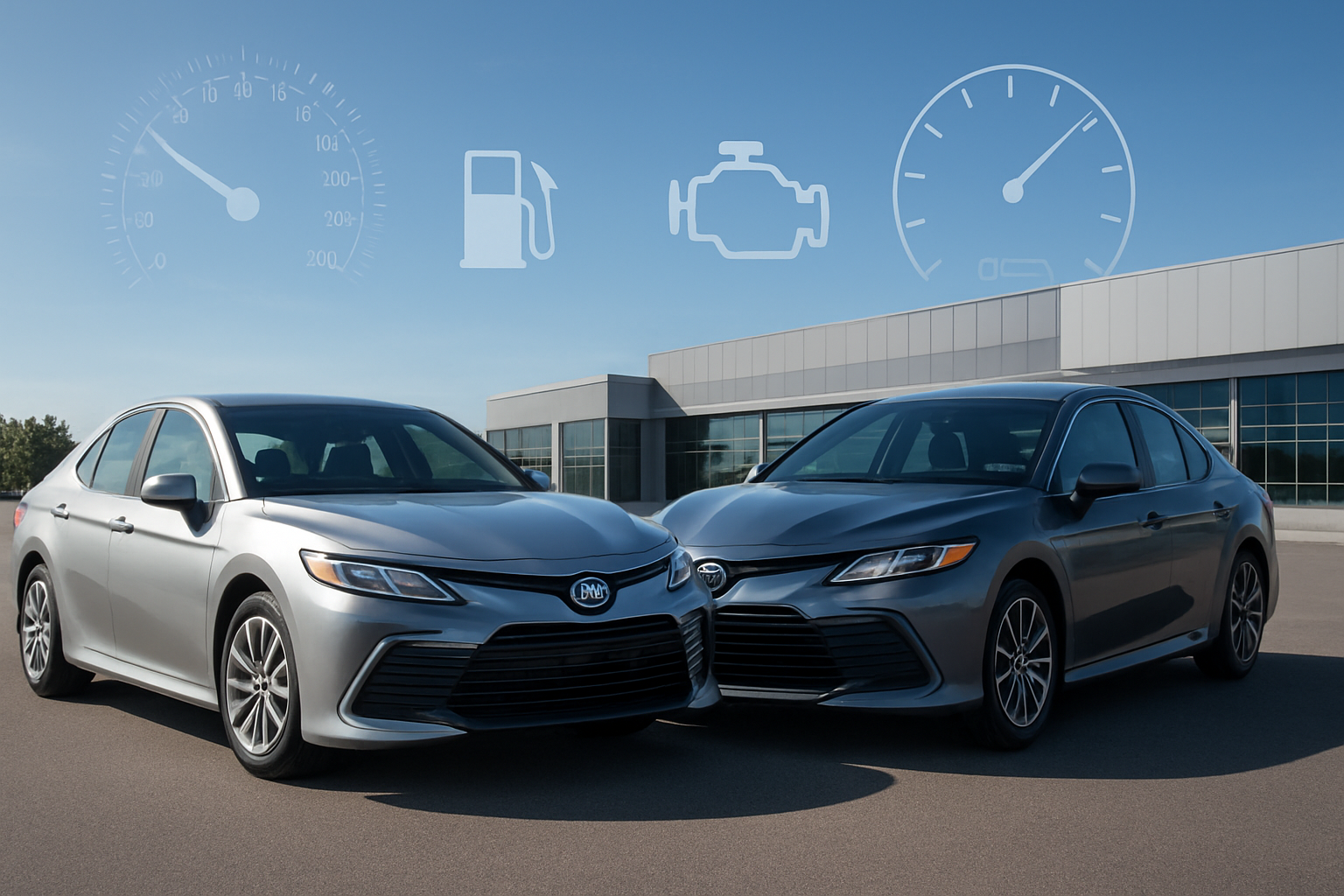 Create a realistic image of two Toyota Camry Hybrid vehicles, one 2023 model and one 2024 model, positioned side by side on a clean asphalt road with performance comparison visual elements like speedometer gauges, fuel efficiency icons, and engine diagrams floating subtly around the cars, set against a modern automotive testing facility background with clear blue sky, professional lighting highlighting the sleek design differences between the model years, absolutely NO text should be in the scene.