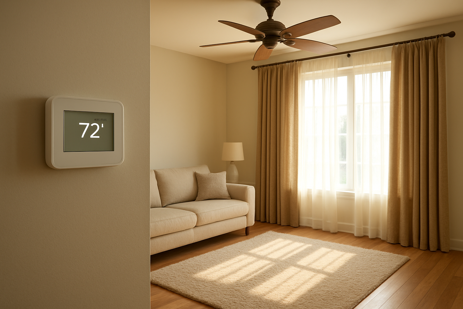 Create a realistic image of a modern living room interior showing energy-efficient temperature control solutions including a programmable digital thermostat mounted on the wall displaying a comfortable temperature setting, a ceiling fan with wooden blades slowly rotating, thick insulated curtains partially drawn over a large window, and a cozy area rug on hardwood floors, with warm natural lighting streaming through the window creating a comfortable and inviting atmosphere that emphasizes cost-effective home climate control, absolutely NO text should be in the scene.
