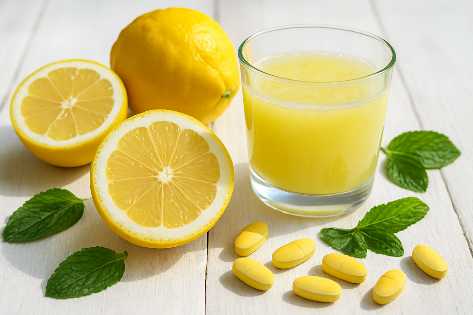 Create a realistic image of fresh citron fruits cut in half and whole, arranged on a clean white wooden table alongside a glass of fresh citron juice, with visible pulp and segments showcasing the fruit's natural texture, surrounded by scattered vitamin pills and fresh mint leaves, photographed in bright natural daylight with soft shadows, emphasizing the healthy and nutritious qualities of the citron fruit. Absolutely NO text should be in the scene.