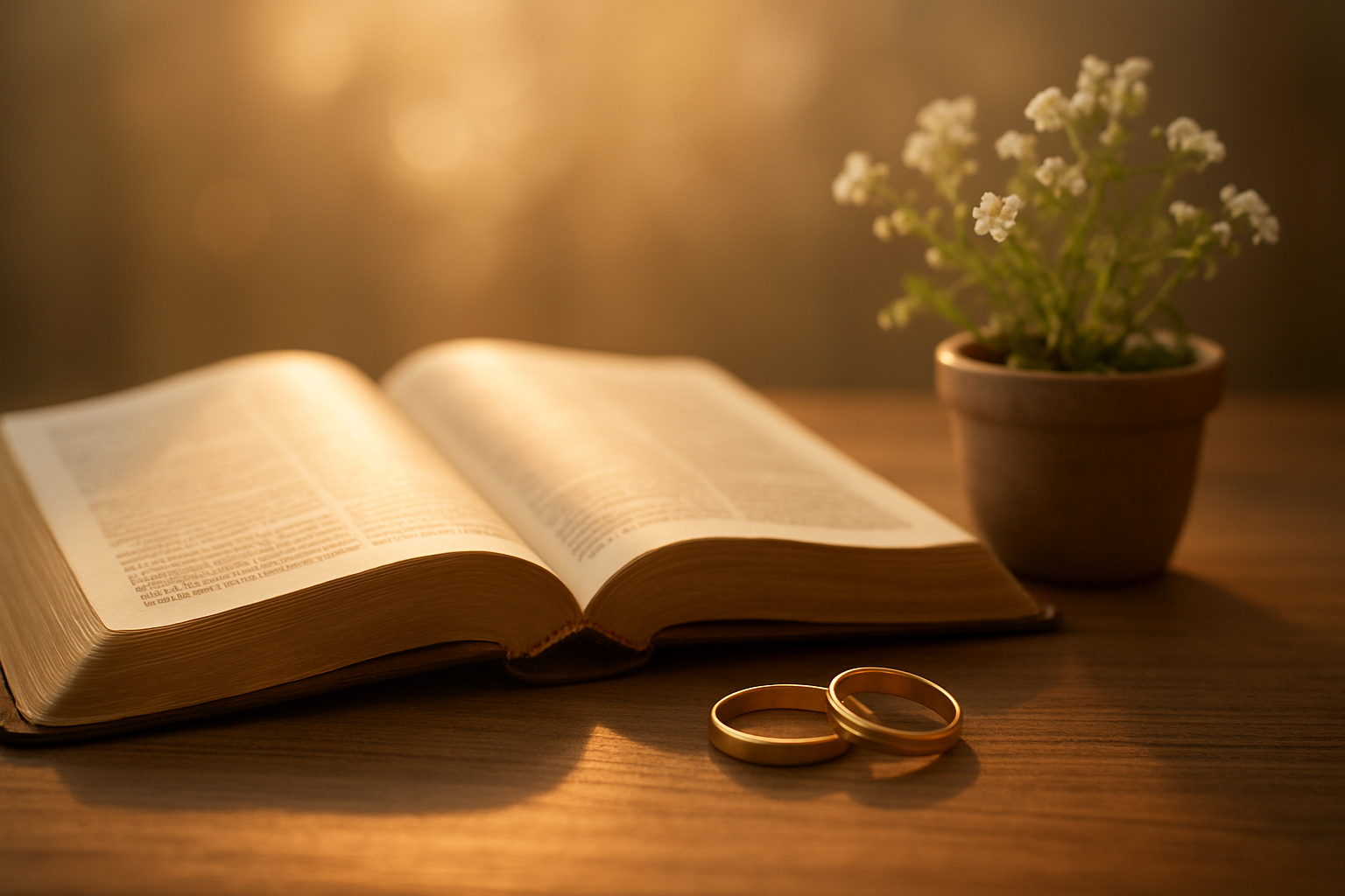 Create a realistic image of an open Bible with soft golden sunlight streaming across the pages, positioned on a wooden table next to a pair of interlinked wedding rings and a small potted plant with delicate white flowers, set against a warm, softly blurred background with gentle bokeh lighting that creates a peaceful and contemplative atmosphere, symbolizing the enduring and sacred nature of biblical love, with the overall scene bathed in warm, natural light that evokes feelings of hope, commitment, and spiritual guidance, Absolutely NO text should be in the scene.