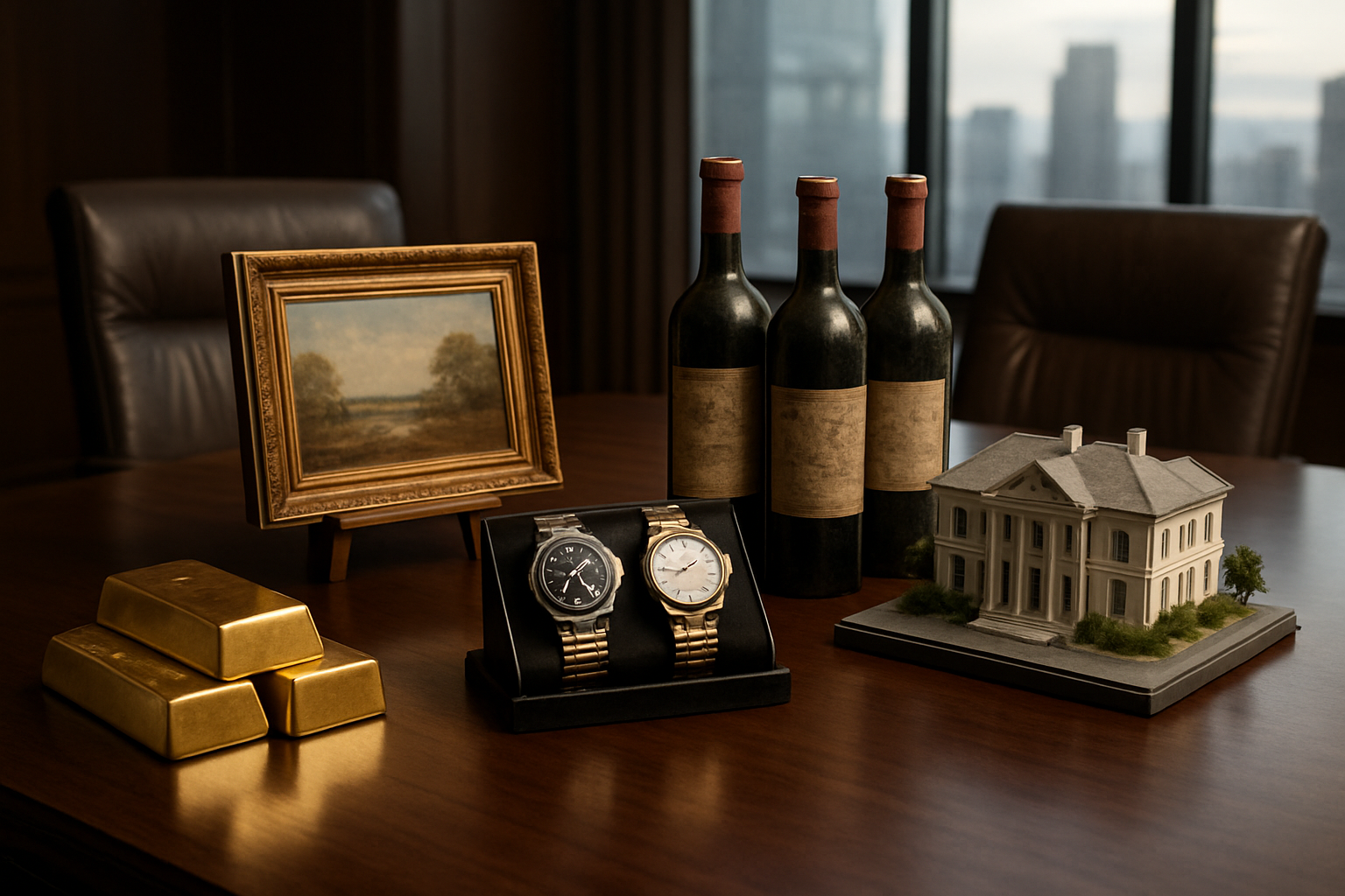 Create a realistic image of a sophisticated investment portfolio display featuring alternative investment assets including gold bars, luxury collectible watches, vintage wine bottles, fine art pieces, and real estate property models arranged on an elegant dark wooden conference table, with soft professional lighting creating subtle shadows, in an upscale financial advisor's office setting with leather chairs and floor-to-ceiling windows showing a city skyline in the background, conveying wealth and exclusivity through rich textures and premium materials, absolutely NO text should be in the scene.
