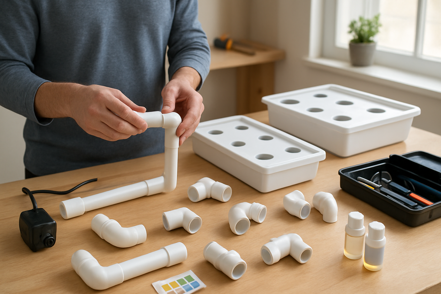 Create a realistic image of a person building a hydroponic system for dogs indoors, showing hands assembling white PVC pipes and fittings on a wooden table, with hydroponic growing trays, water pumps, pH testing kit, and nutrient solutions visible, bright natural lighting from a nearby window, clean workshop environment with tools and materials neatly organized, focused and constructive mood, absolutely NO text should be in the scene.