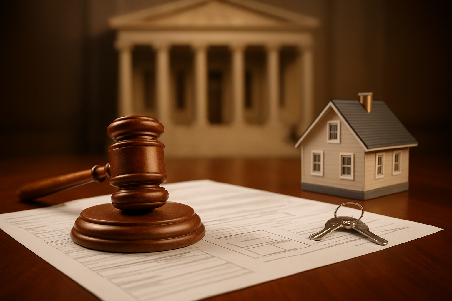 Create a realistic image of a modern government building or courthouse with classical columns in the background, a wooden gavel resting on legal documents and property deeds spread across a polished mahogany desk, house keys and a small residential property model nearby, warm professional lighting illuminating the scene from above, creating a serious yet approachable atmosphere that conveys legislative authority and property law, absolutely NO text should be in the scene.