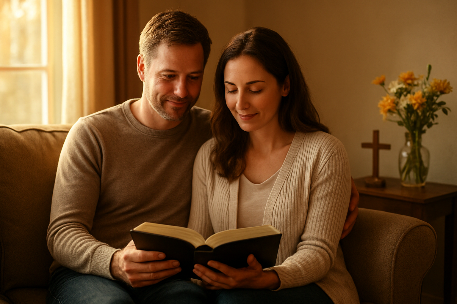 Create a realistic image of a white male and white female couple sitting together on a comfortable couch in a warm, inviting living room, both holding an open Bible between them with gentle smiles on their faces, soft golden hour sunlight streaming through a window casting warm light across the scene, with a small wooden cross visible on a side table, fresh flowers in a vase nearby, and a peaceful, hopeful atmosphere suggesting renewal and spiritual growth, shot from a slightly elevated angle to show their unity and shared purpose, absolutely NO text should be in the scene.