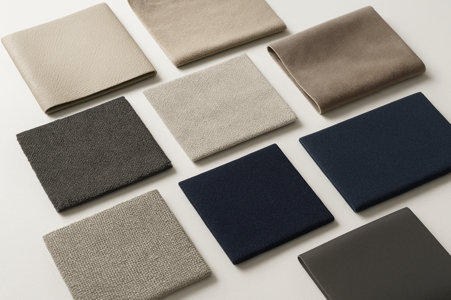 Create a realistic image of various fabric swatches and material samples arranged on a clean white surface, featuring different textures including leather, velvet, linen, cotton, microfiber, and synthetic materials in neutral and modern colors like beige, gray, navy, and charcoal, with some fabric samples showing detailed weave patterns and textures, soft natural lighting from above creating gentle shadows, professional product photography style setup with a minimalist background, absolutely NO text should be in the scene.