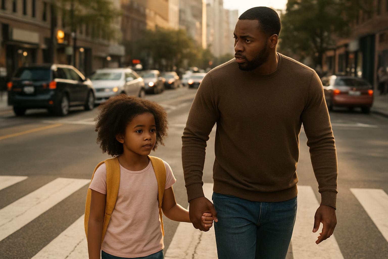 Create a realistic image of a caring black male father in his 30s protectively holding his young daughter's hand while they cross a busy street together, the father looking both ways to ensure safety, with urban background featuring crosswalk and traffic, warm natural lighting suggesting late afternoon, the scene conveying security and parental vigilance, absolutely NO text should be in the scene.
