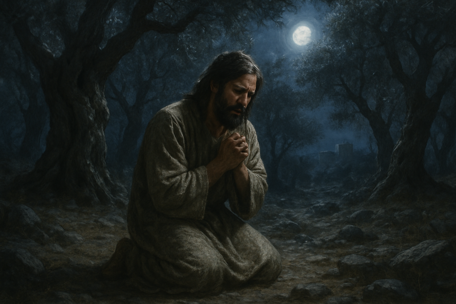 Create a realistic image of a Middle Eastern male with long dark hair and beard, wearing simple robes, kneeling in prayer in the Garden of Gethsemane during nighttime, surrounded by ancient olive trees with gnarled trunks and silvery leaves, moonlight filtering through the branches creating dramatic shadows on the rocky ground, conveying a somber and contemplative mood of anguish and spiritual struggle, with distant Jerusalem walls visible in the background, absolutely NO text should be in the scene.