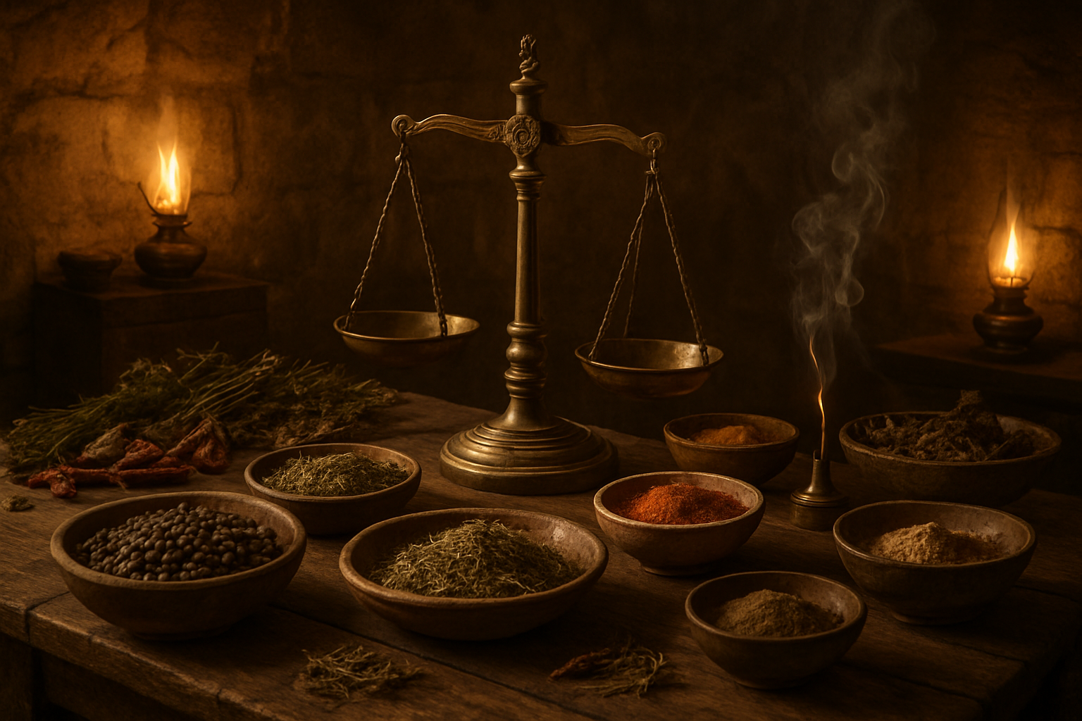 Create a realistic image of an ancient spice market scene with weathered wooden tables displaying various aromatic herbs and spices including black peppercorns, dried herbs, and botanical specimens, with ornate brass scales, ceramic bowls filled with different colored spices, burning incense creating wisps of smoke, warm golden lighting from oil lamps casting shadows on stone walls, creating an atmospheric historical trading environment that evokes centuries of aromatic traditions, absolutely NO text should be in the scene.