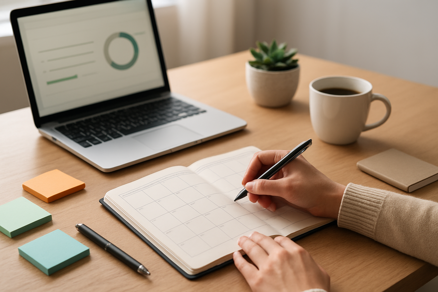 Create a realistic image of a clean, organized desk from a slightly elevated angle showing a white female's hands writing in an open monthly planner with calendar grids, surrounded by a laptop displaying a simple goal-tracking dashboard, a small potted succulent plant, a steaming coffee mug, colorful sticky notes arranged neatly, a pen, and a small notebook, all set against a bright, naturally lit workspace with soft window light creating gentle shadows, conveying a sense of accomplishment and organized productivity, absolutely NO text should be in the scene.