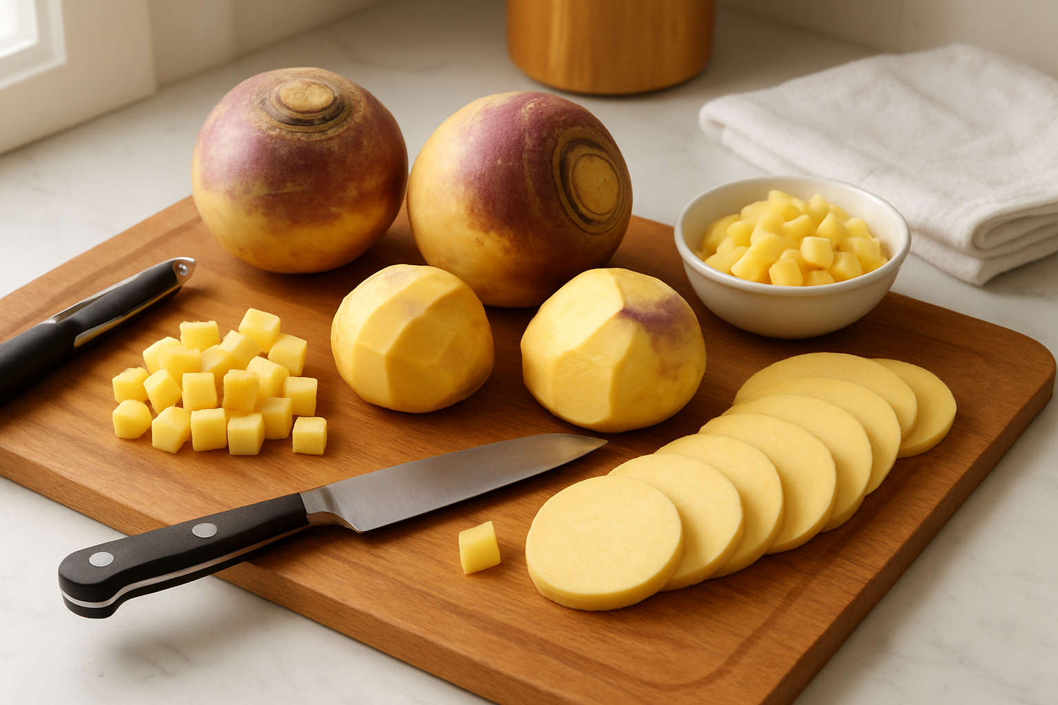 Create a realistic image of a clean kitchen cutting board with fresh rutabagas in various stages of preparation - whole rutabagas with their characteristic purple-topped yellow skin, partially peeled rutabagas showing the pale yellow flesh underneath, diced rutabaga cubes, and thin rutabaga slices arranged neatly, with a sharp kitchen knife, vegetable peeler, and small bowl of prepared rutabaga pieces nearby on a marble countertop, soft natural lighting from a window creating gentle shadows, warm kitchen atmosphere with wooden cutting utensils and a clean white kitchen towel in the background, absolutely NO text should be in the scene.