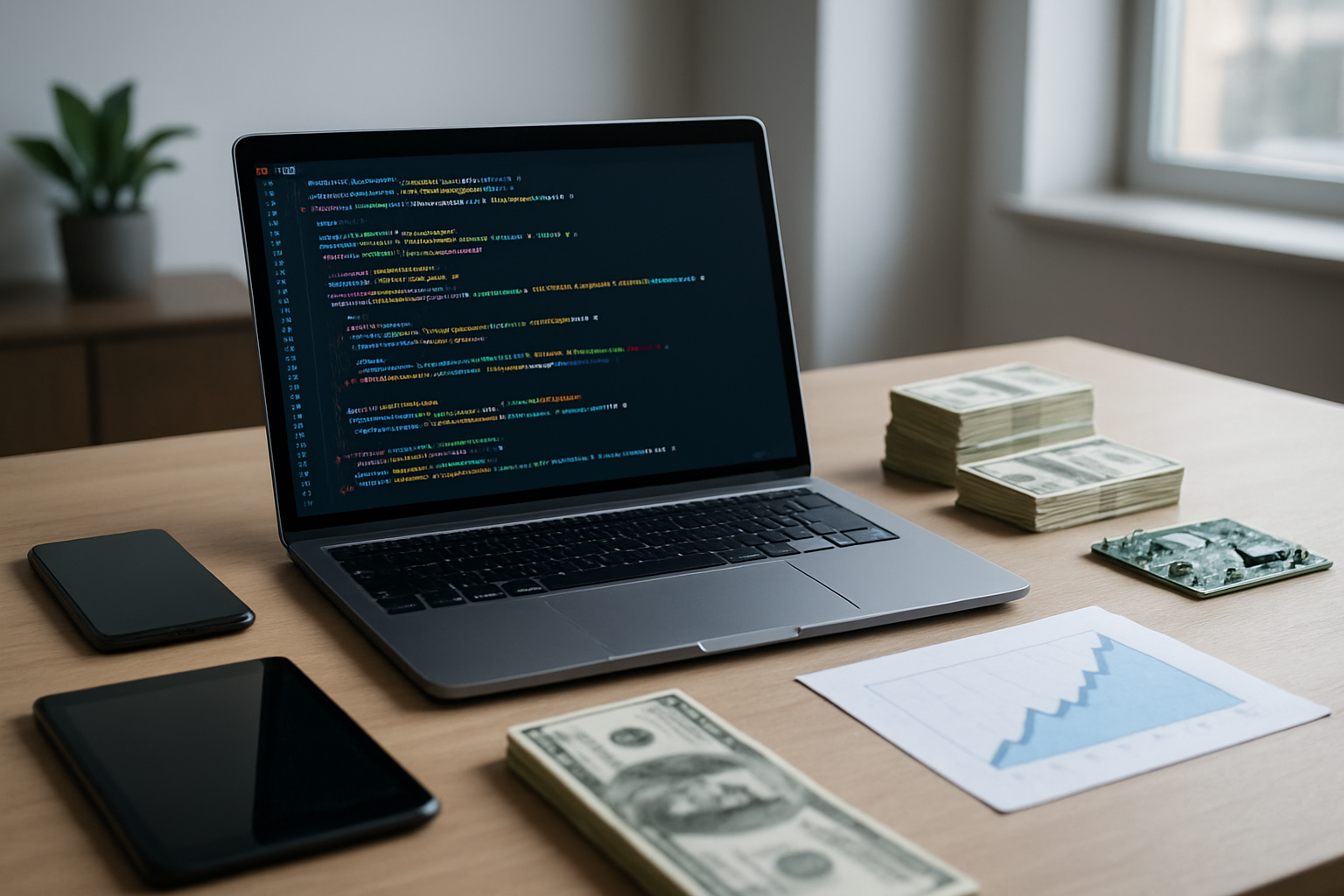 Create a realistic image of a modern workspace featuring a sleek laptop displaying colorful coding interfaces and programming languages, surrounded by tech gadgets like smartphones, tablets, and circuit boards, with stacks of cash and upward-trending profit charts visible on the desk, set against a contemporary office background with soft natural lighting from a window, creating a professional and profitable atmosphere. Absolutely NO text should be in the scene.