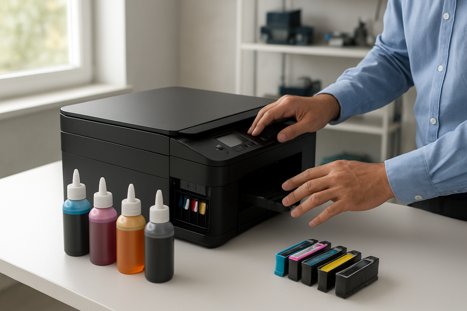 Create a realistic image of a clean, modern printer service workshop with a freshly serviced black inkjet printer prominently displayed on a white desk, surrounded by neatly arranged ink cartridges and refill bottles, with soft natural lighting streaming through a window, creating a professional and trustworthy atmosphere that conveys quality printer maintenance services, with a Vietnamese technician's hands visible adjusting the printer settings, absolutely NO text should be in the scene.