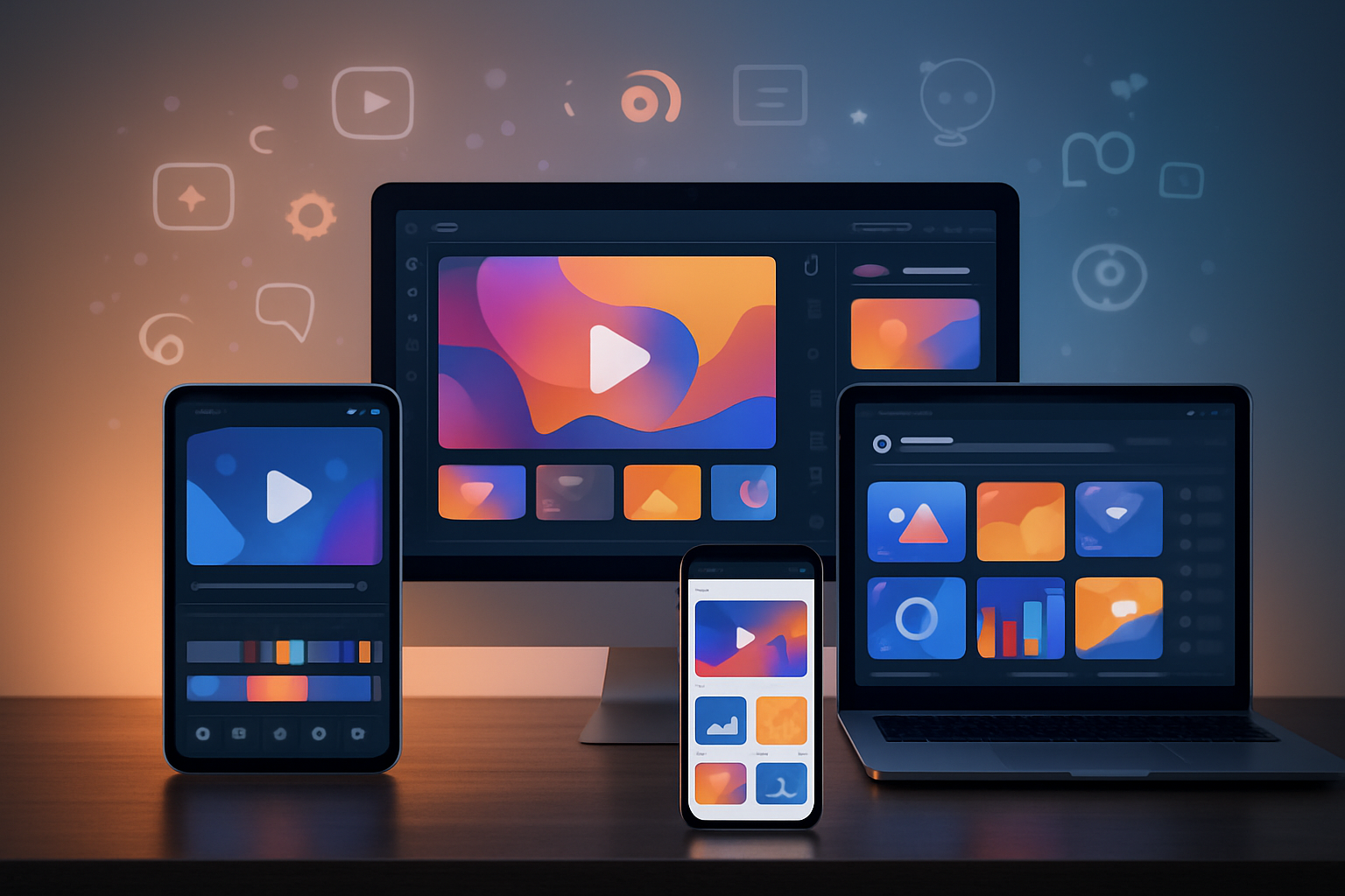 Create a realistic image of multiple digital devices including smartphones, tablets, and laptops displaying various content creation interfaces and social media platforms with abstract video thumbnails, animated graphics, and digital content templates visible on screens, arranged on a modern desk with soft ambient lighting, showcasing the concept of multi-platform content creation without showing any human faces or people, with floating digital icons and creative elements in the background suggesting automated content generation, absolutely NO text should be in the scene.