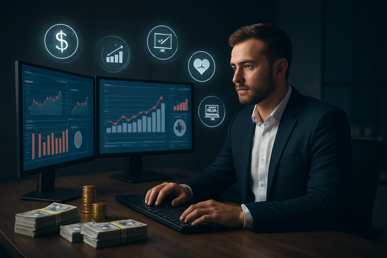 Create a realistic image of a white male entrepreneur sitting at a modern desk with multiple computer monitors displaying various YouTube analytics dashboards and profit charts, surrounded by floating holographic icons representing different profitable niches like finance, technology, health, and education, with stacks of money and gold coins scattered on the desk, in a sleek modern office with soft ambient lighting and a dark professional background, conveying success and strategic decision-making, absolutely NO text should be in the scene.